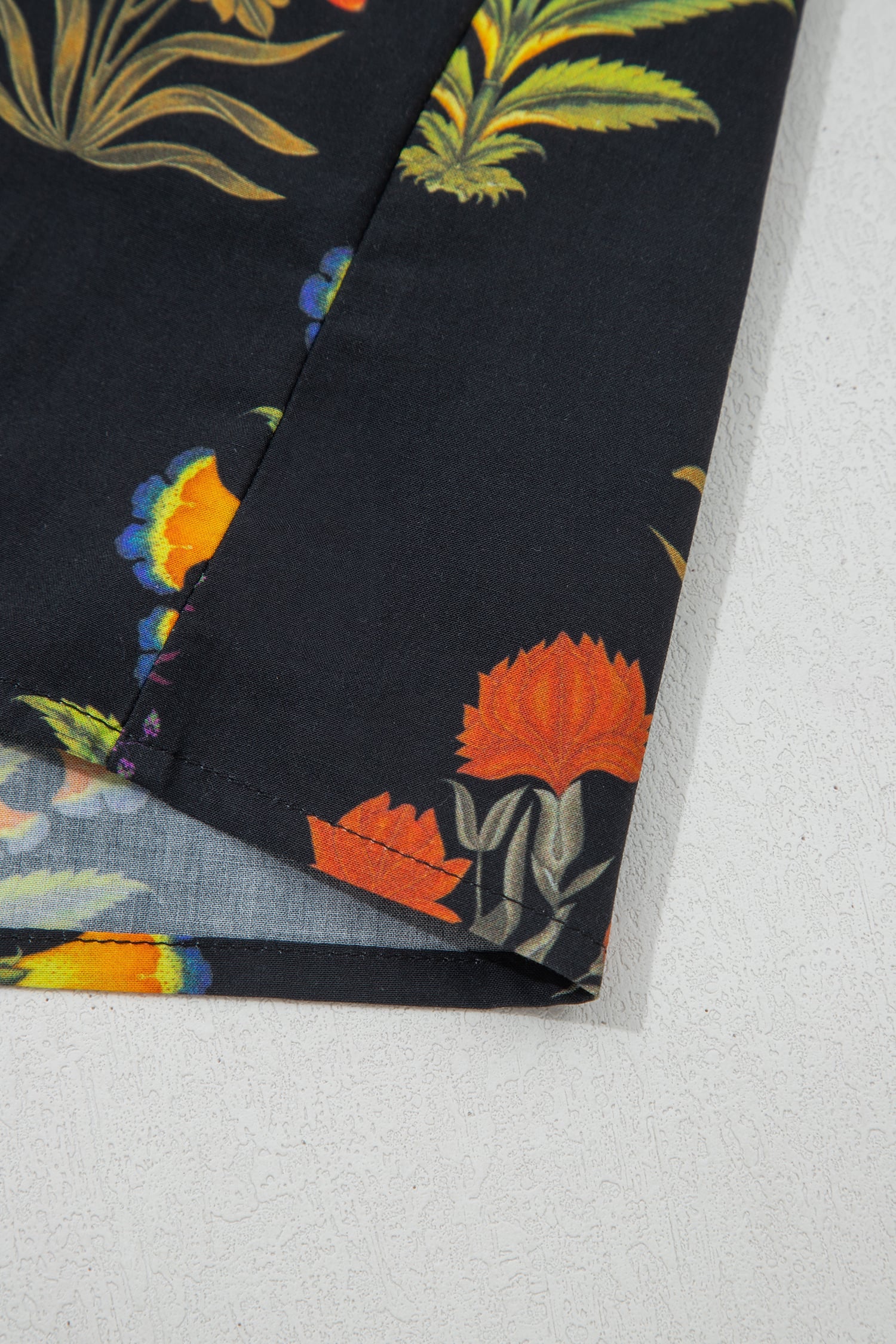 Black Floral Print Lace Trim Frilled V Neck Short Sleeve Shirt