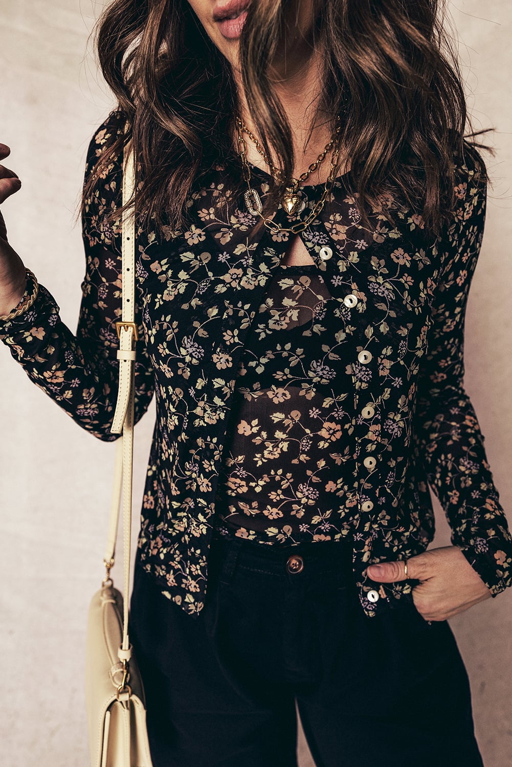 Black Floral Print Mesh Tank Button Front Slim Cardigan 2pcs Set