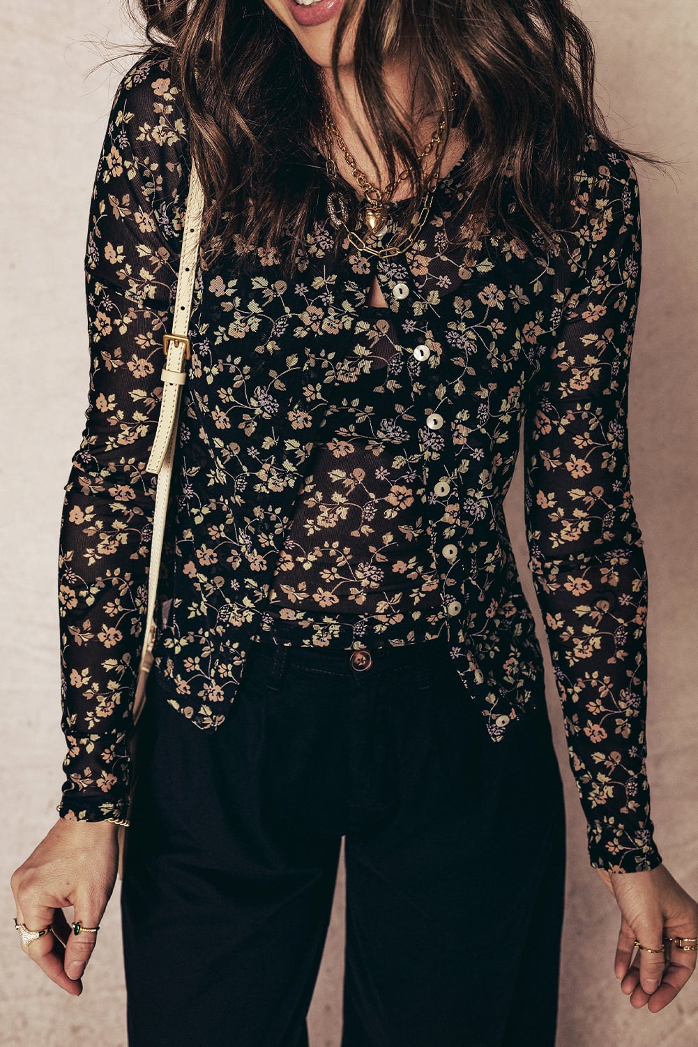 Black Floral Print Mesh Tank Button Front Slim Cardigan 2pcs Set