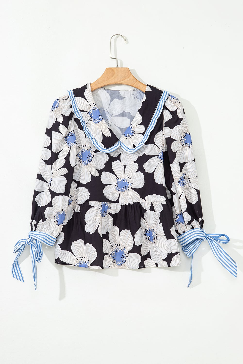 Black Floral Print Striped Tie Sleeve Collared V Neck Blouse