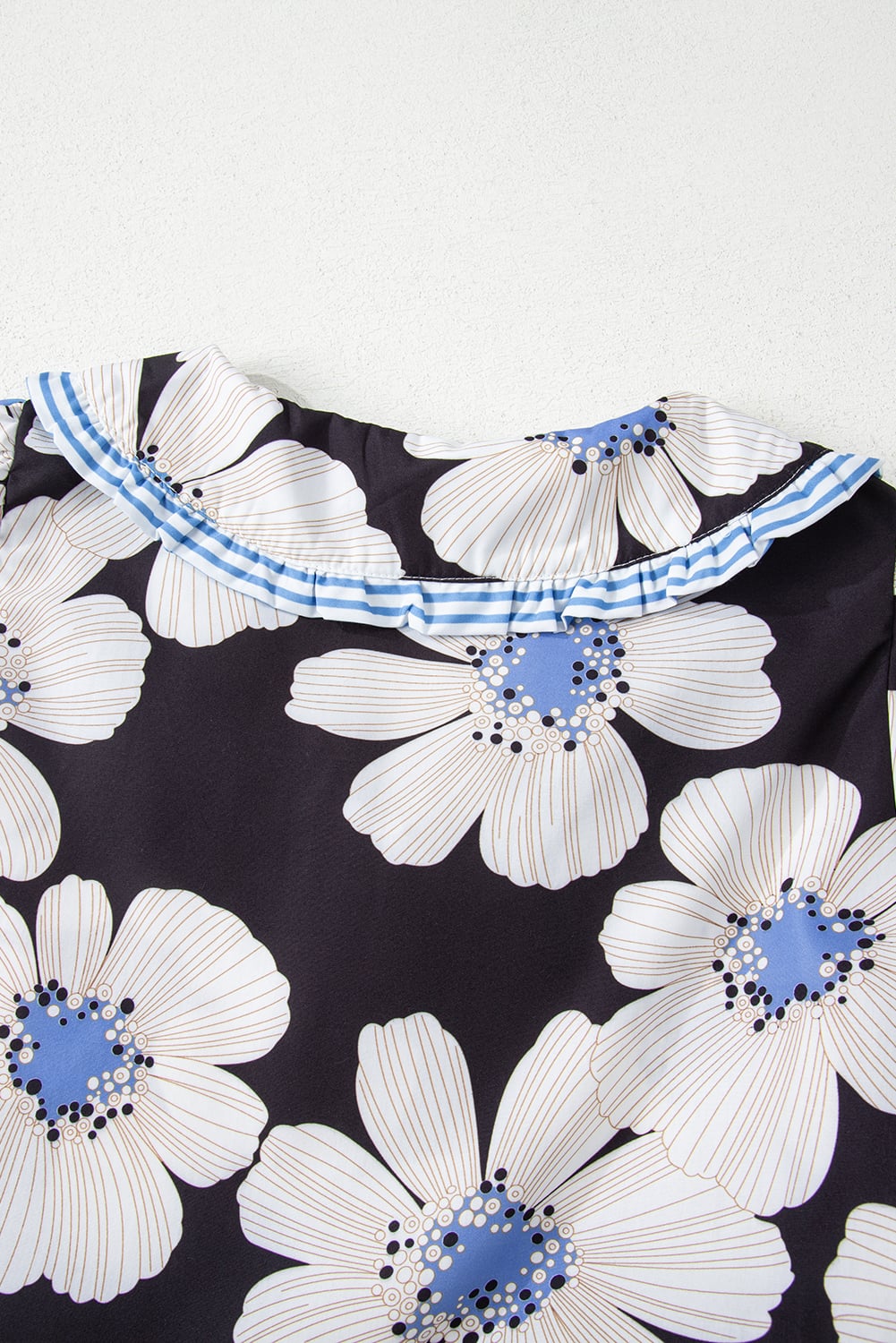 Black Floral Print Striped Tie Sleeve Collared V Neck Blouse