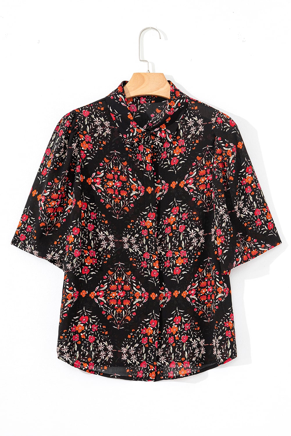 Black Floral Print Wide Short Sleeve Loose Shirt