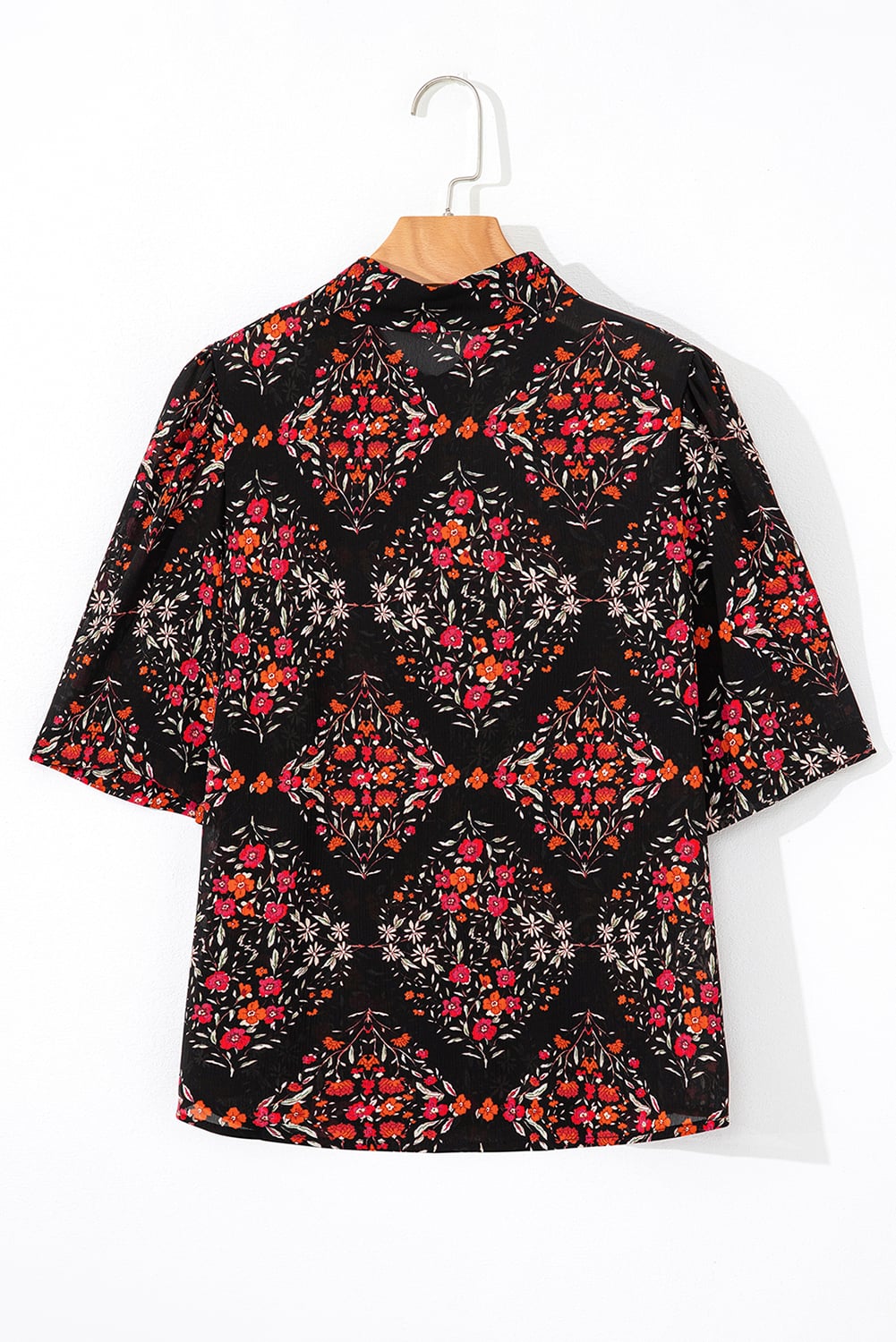 Black Floral Print Wide Short Sleeve Loose Shirt