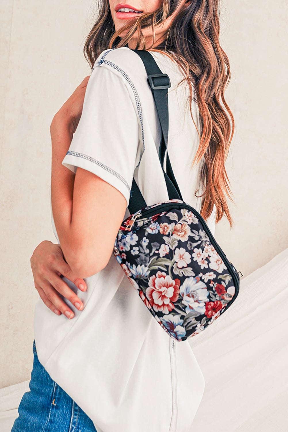 Black Floral Print Zipper Wide Strap Sling Bag