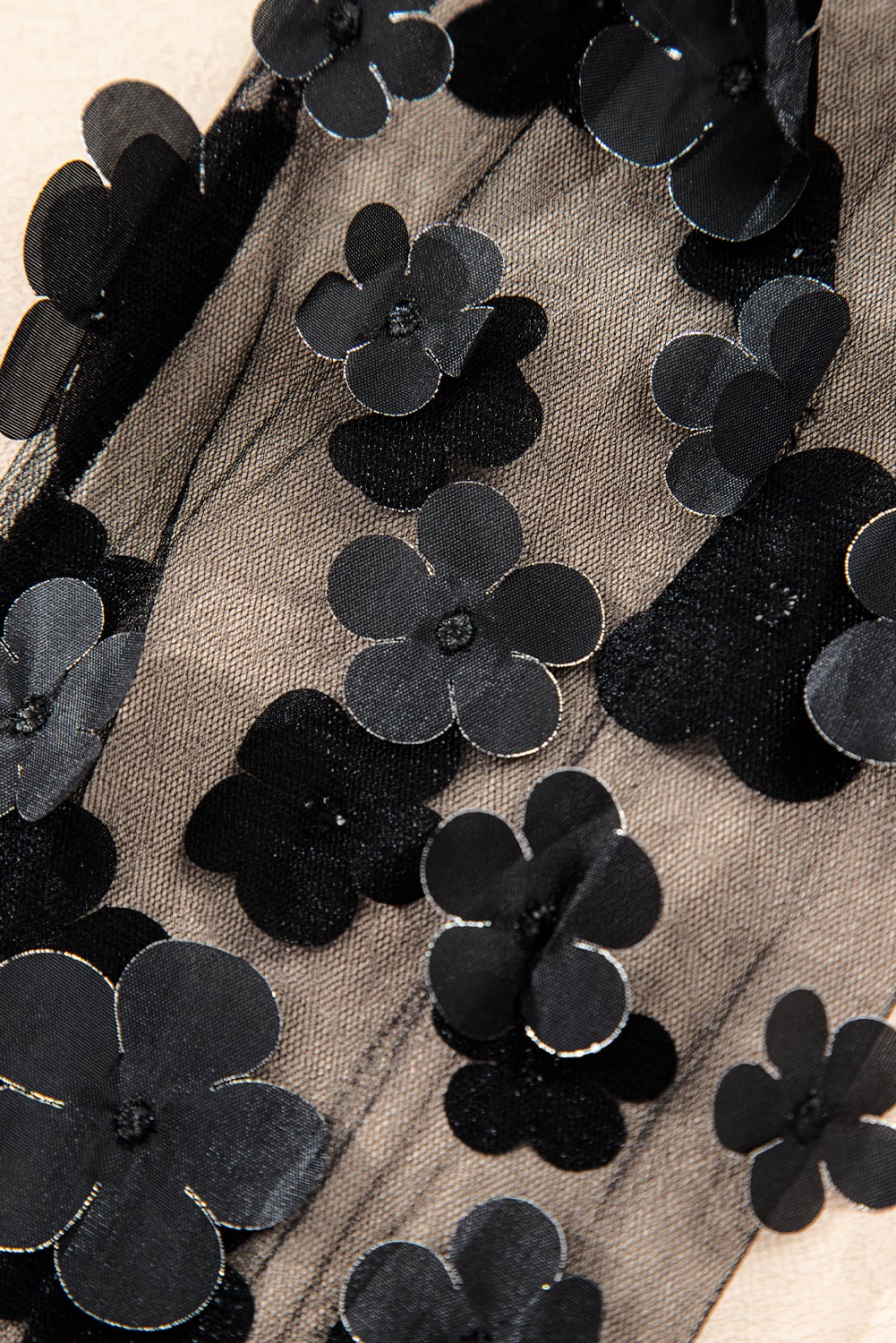 Black Flower Applique Mesh Long Sleeve V Neck Blouse