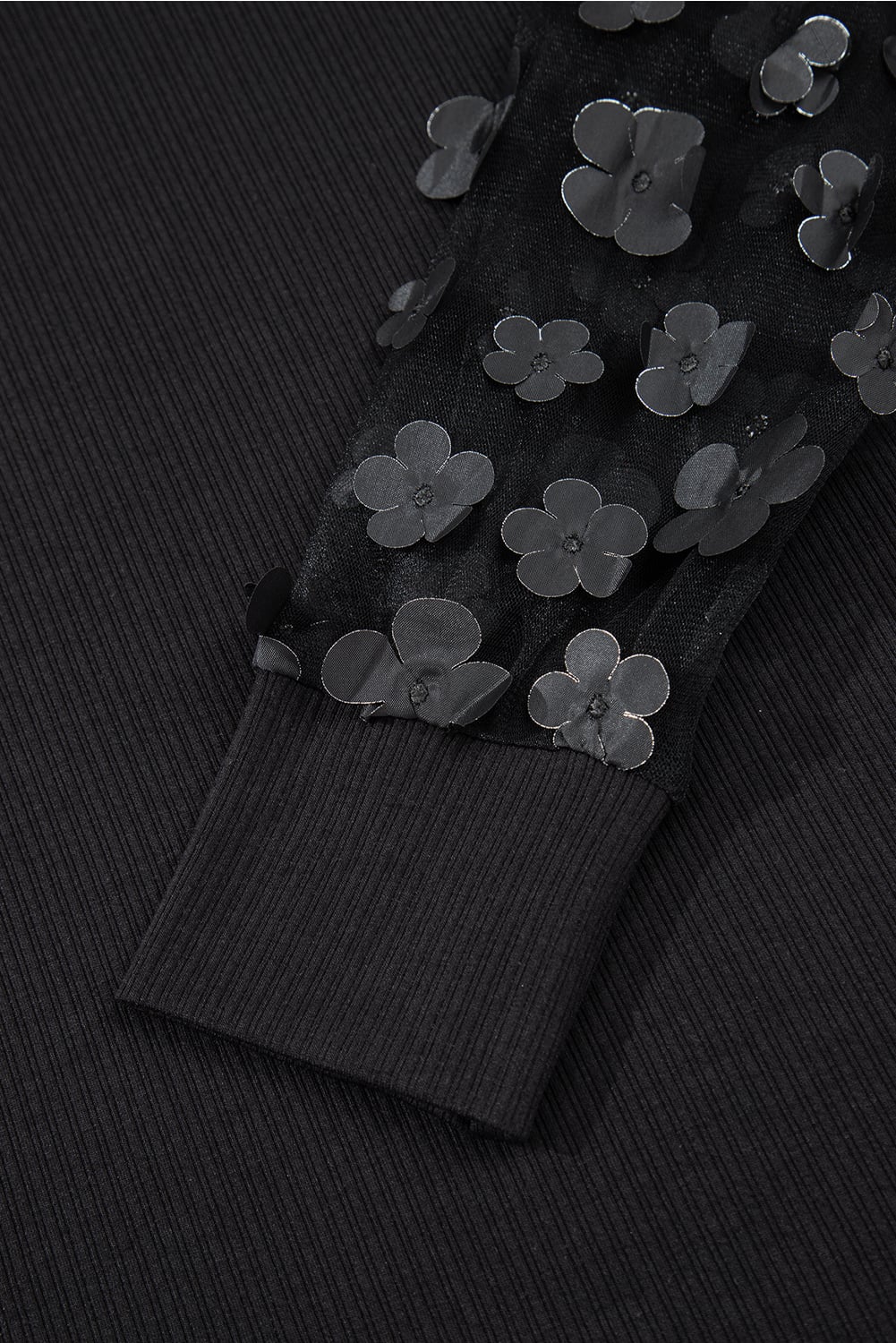 Black Flower Applique Mesh Long Sleeve V Neck Blouse