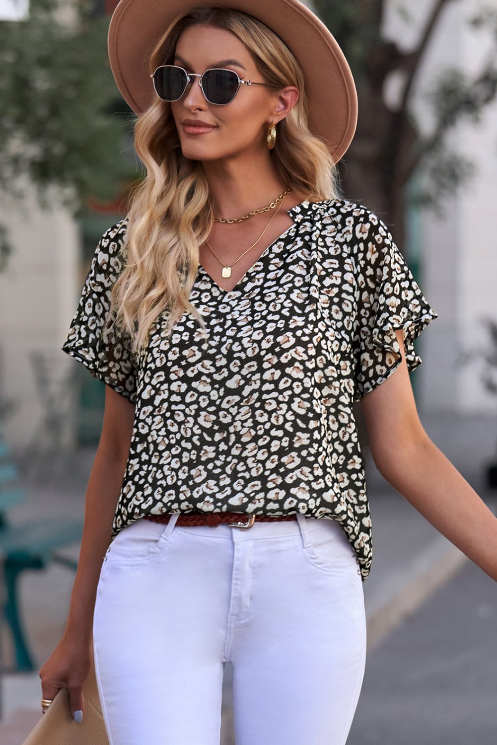 Black Flutter Sleeve V Neck Floral Summer Blouse