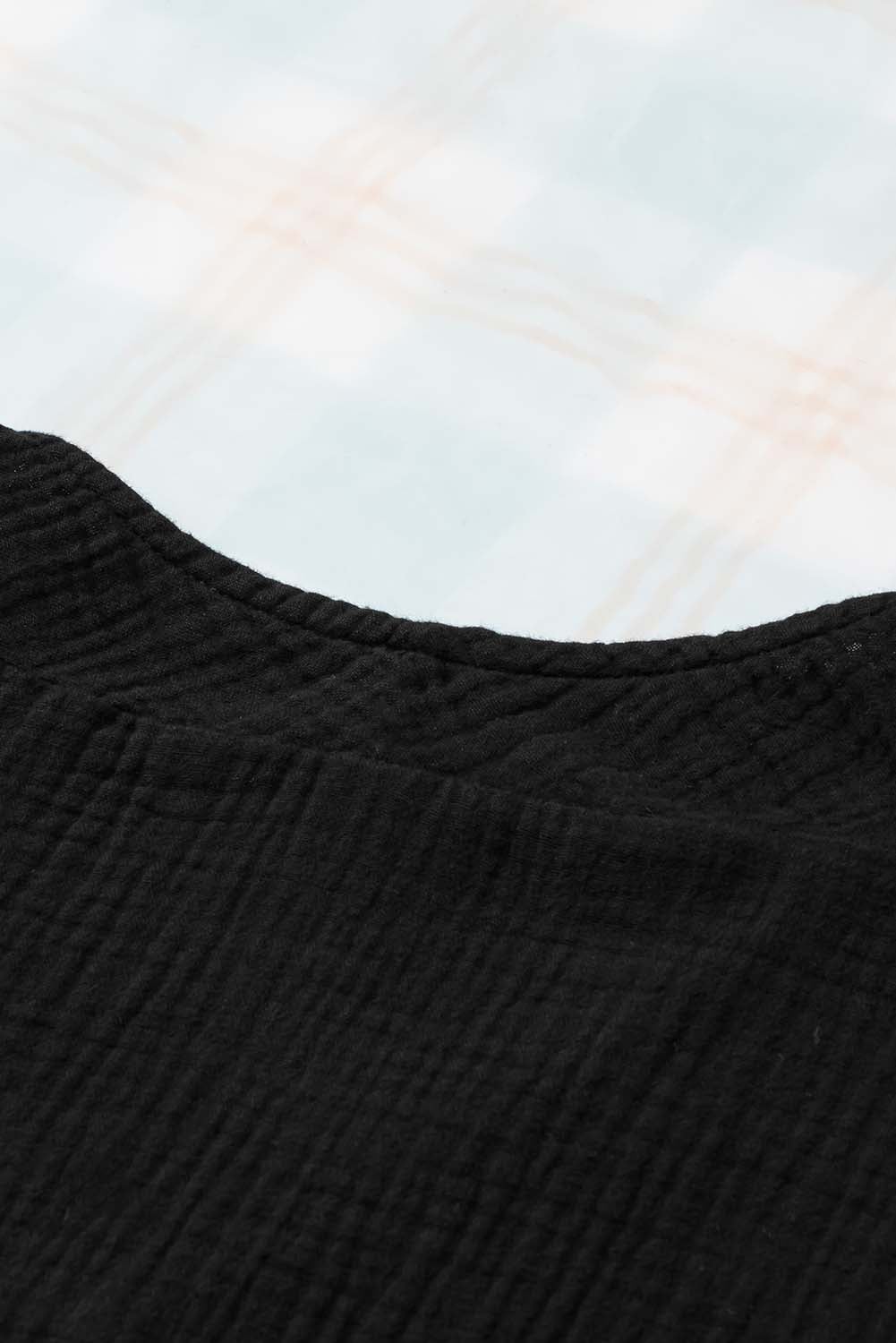 Black Frayed Batwing Sleeve Textured Cotton Blouse