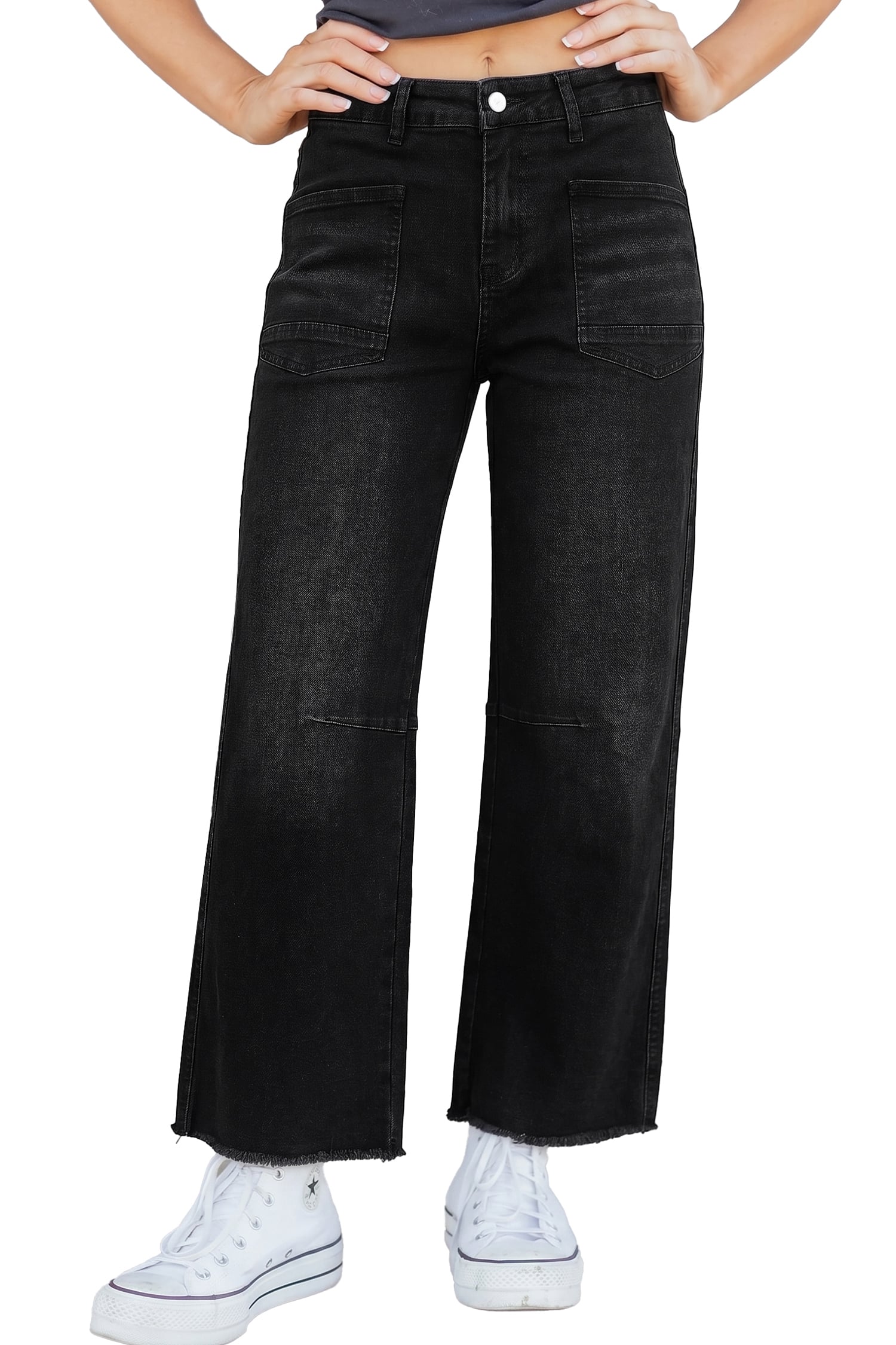 Black Frayed Cropped Straight Jeans