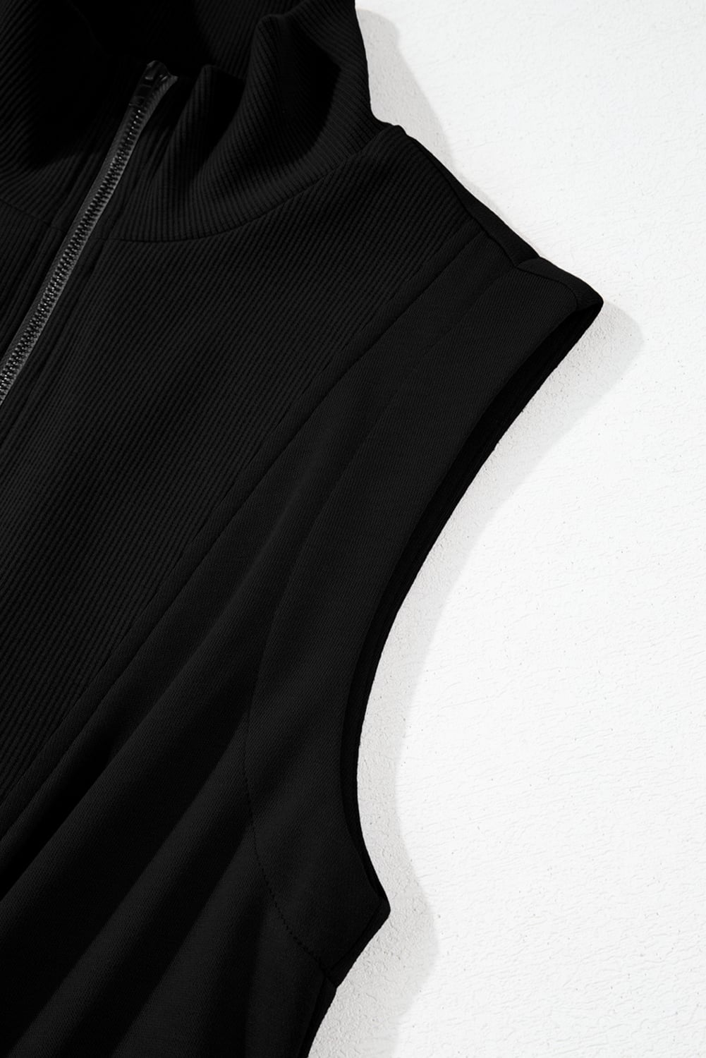 Black French Terry Zipped Collar Sleeveless Drawstring Waist Mini Dress