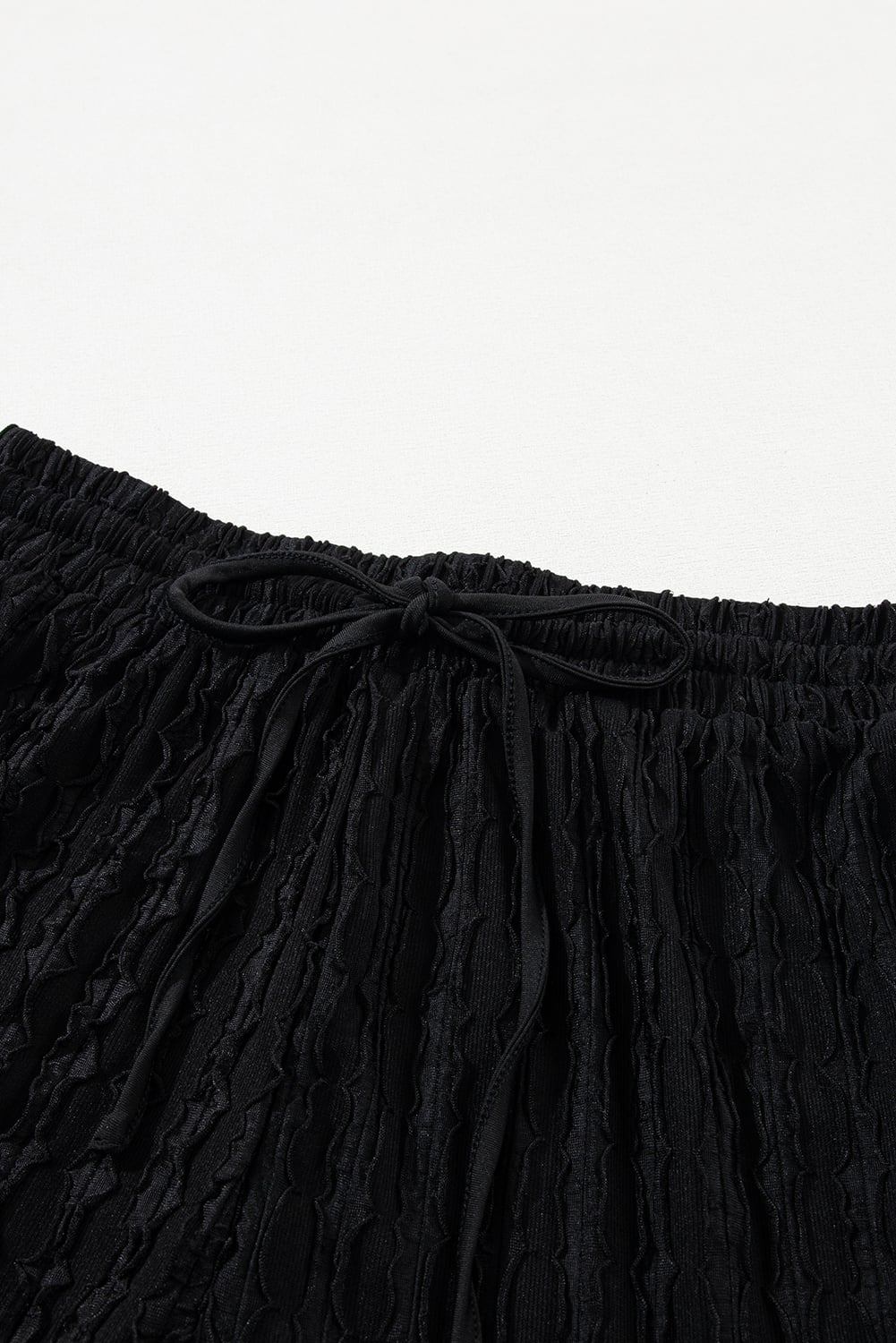 Black Frill Textured Short Sleeve Top and Drawstring Shorts Set