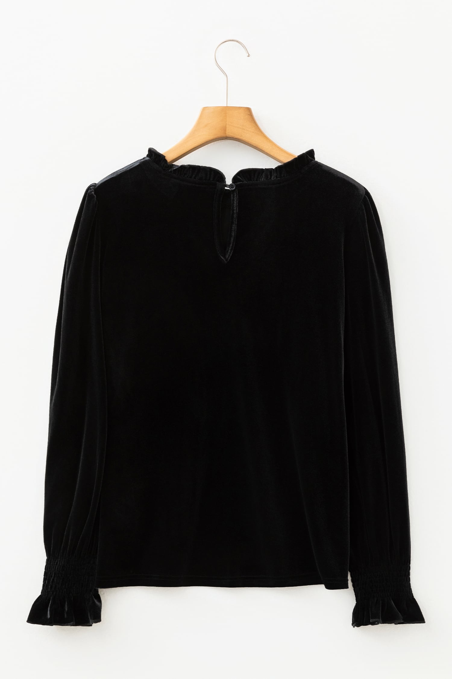 Black Frilled Collared Smocked Cuffs Puff Sleeve Velvet Blouse