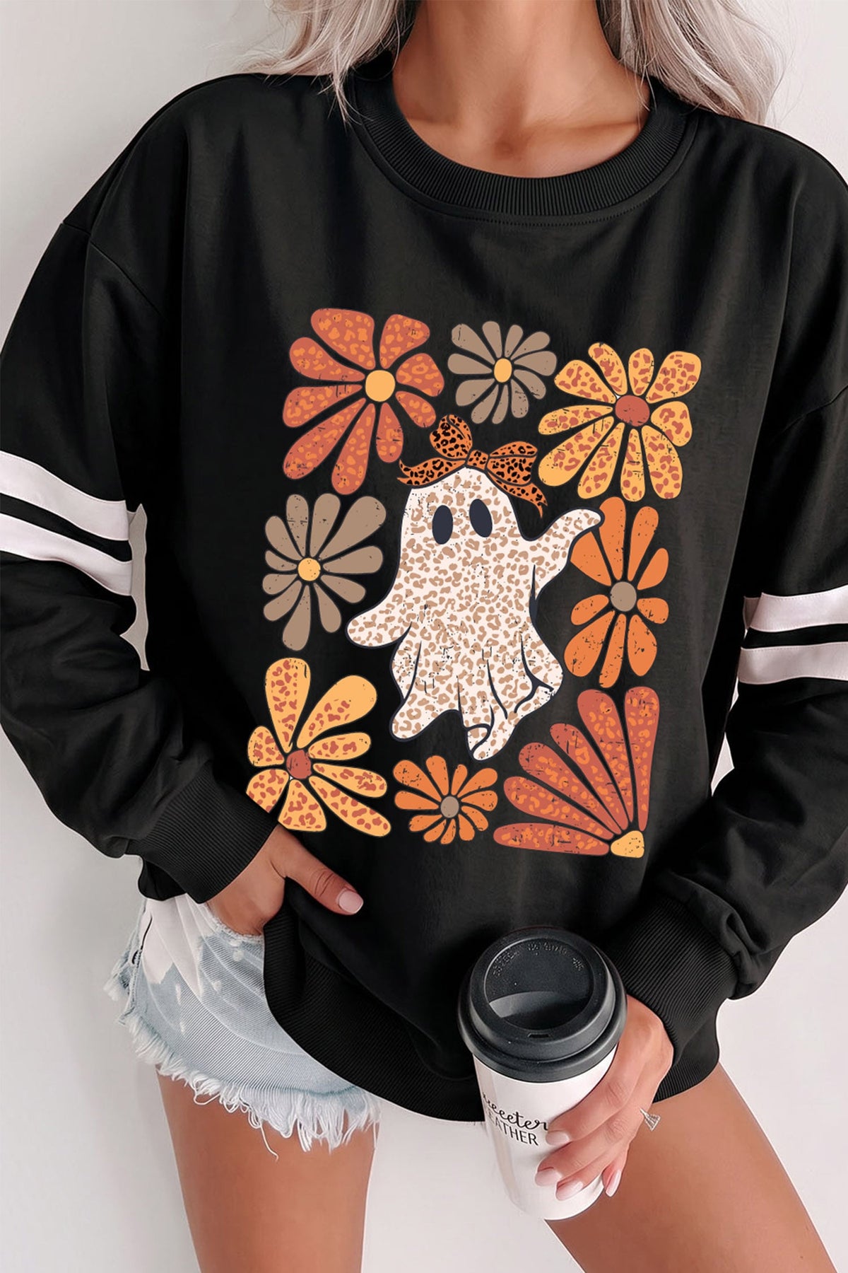 Black Ghost Floral Leopard Print Pullover Sweatshirt