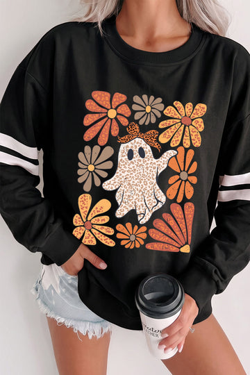 Black Ghost Floral Leopard Print Pullover Sweatshirt