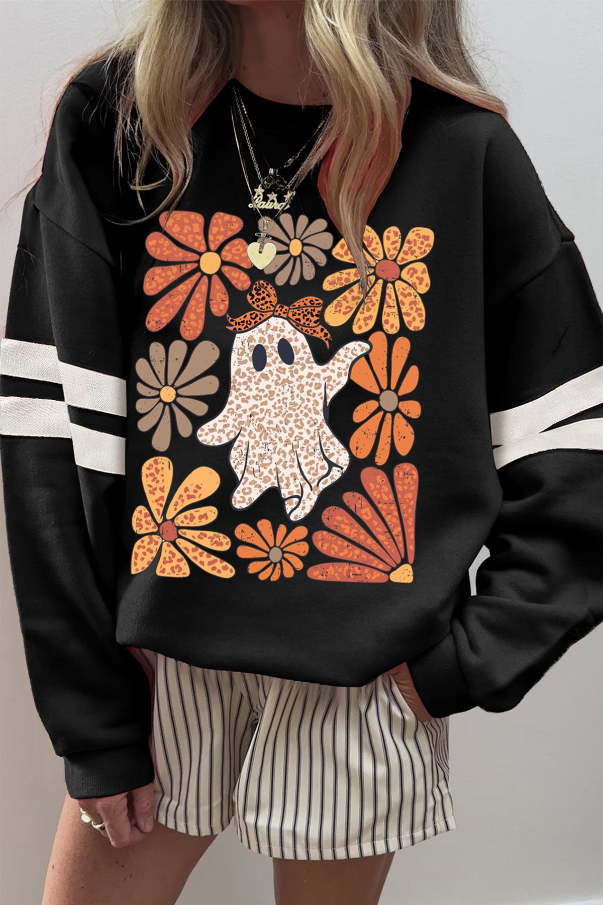 Black Ghost Floral Leopard Print Pullover Sweatshirt