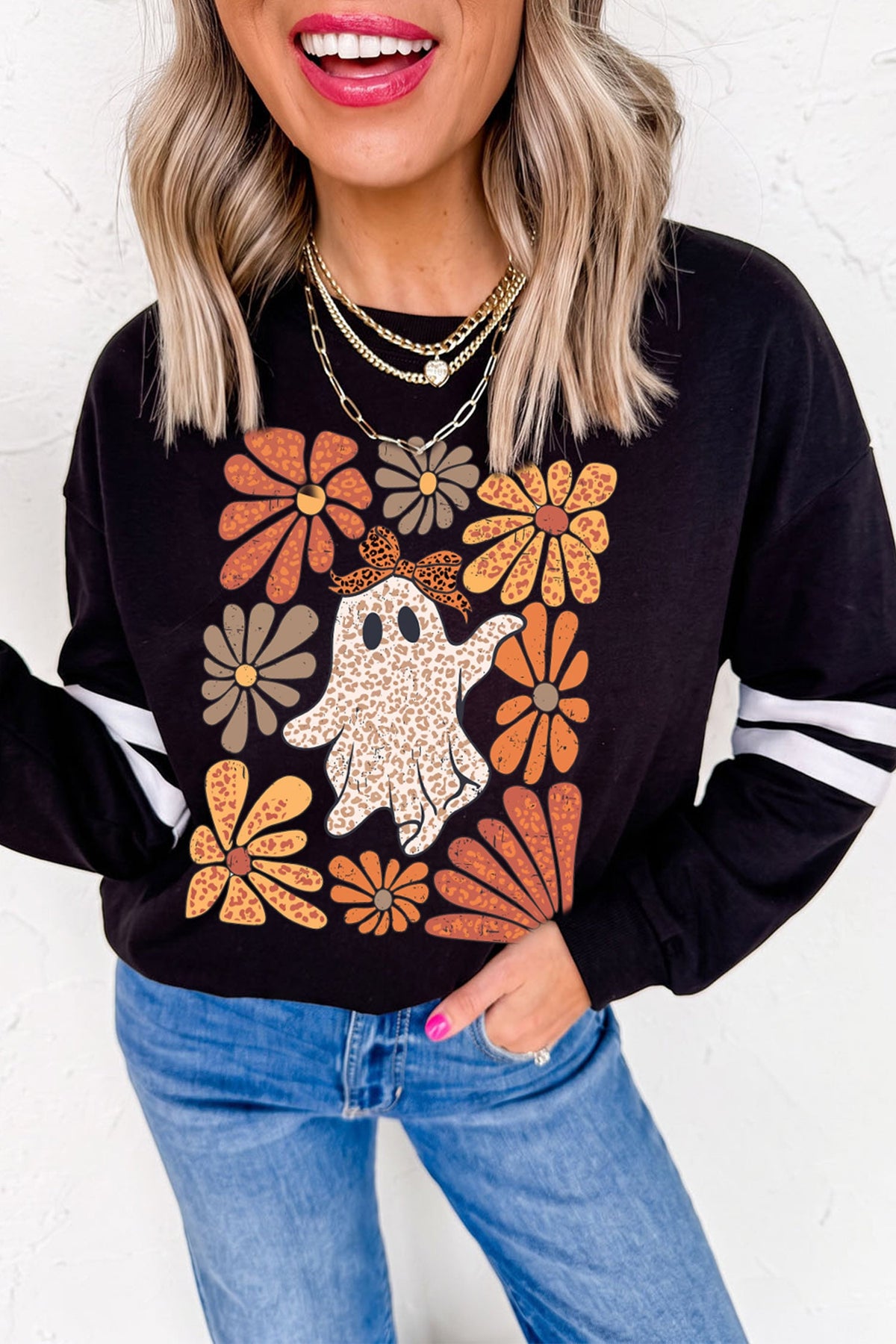 Black Ghost Floral Leopard Print Pullover Sweatshirt