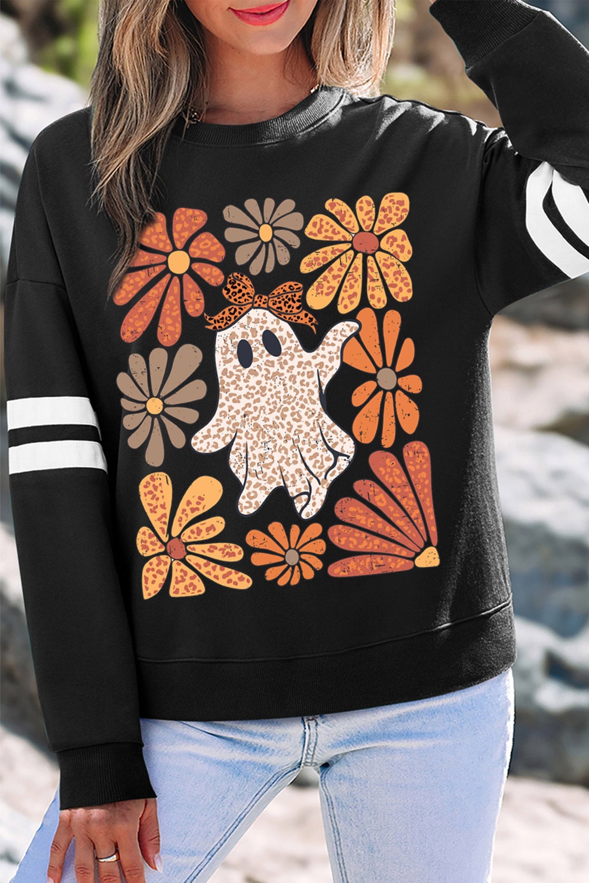 Black Ghost Floral Leopard Print Pullover Sweatshirt