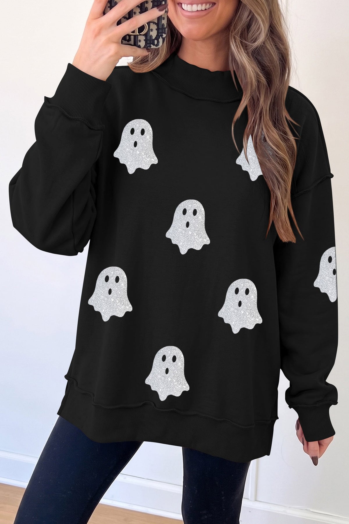 Black Ghost Print Mock Neck Tunic Pullover Sweatshirt
