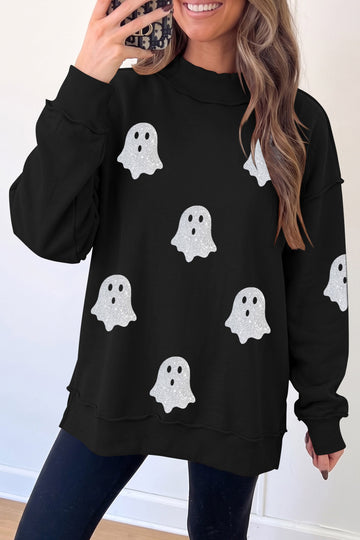Black Ghost Print Mock Neck Tunic Pullover Sweatshirt