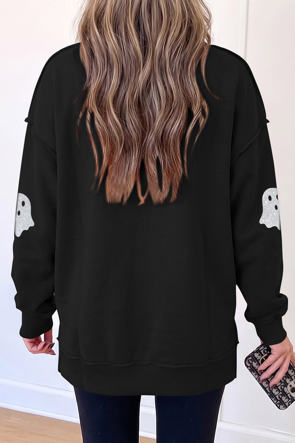 Black Ghost Print Mock Neck Tunic Pullover Sweatshirt