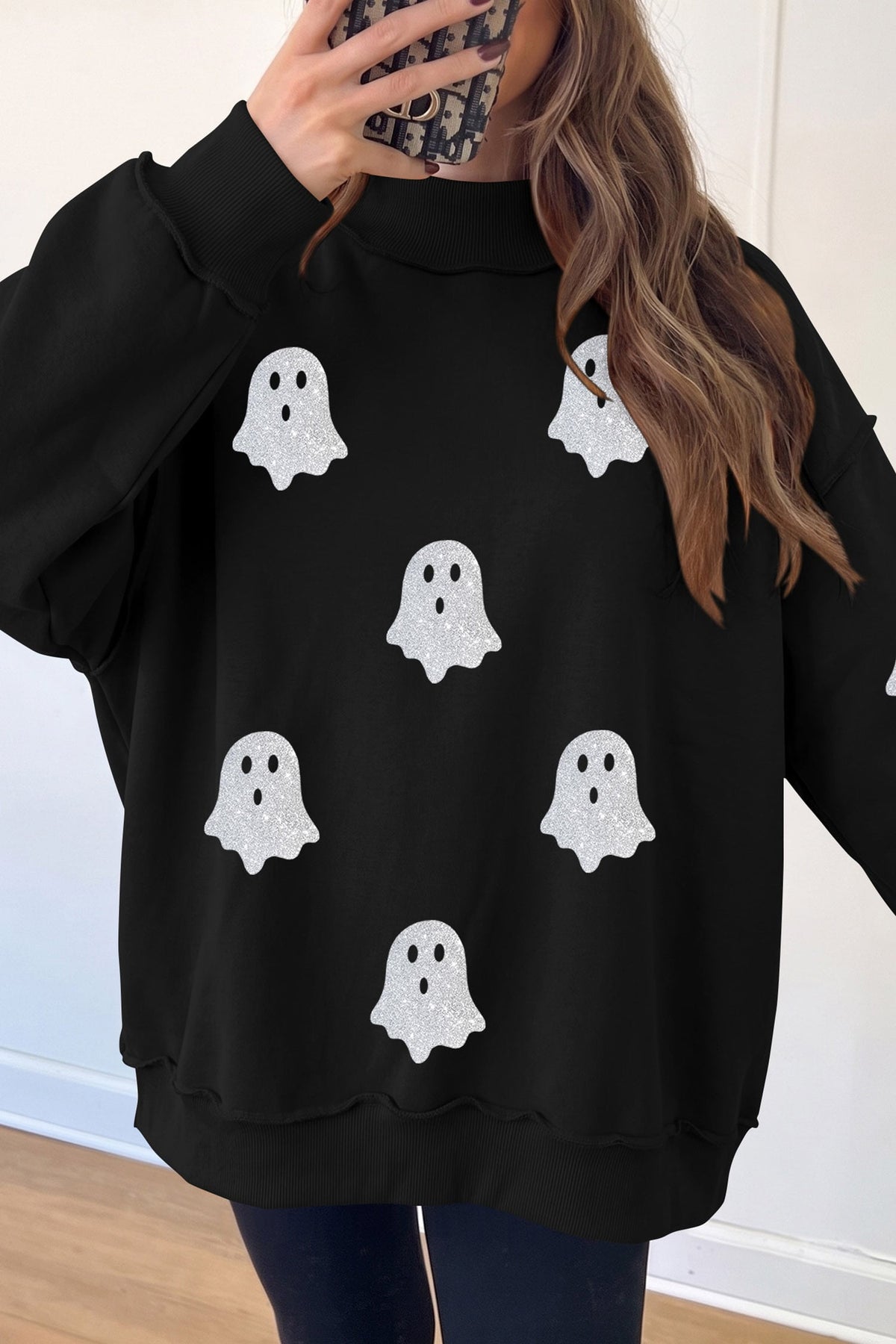 Black Ghost Print Mock Neck Tunic Pullover Sweatshirt