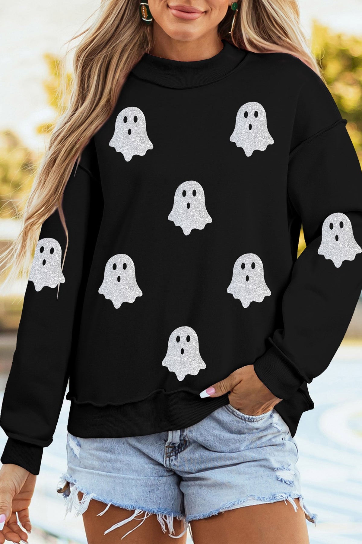 Black Ghost Print Mock Neck Tunic Pullover Sweatshirt