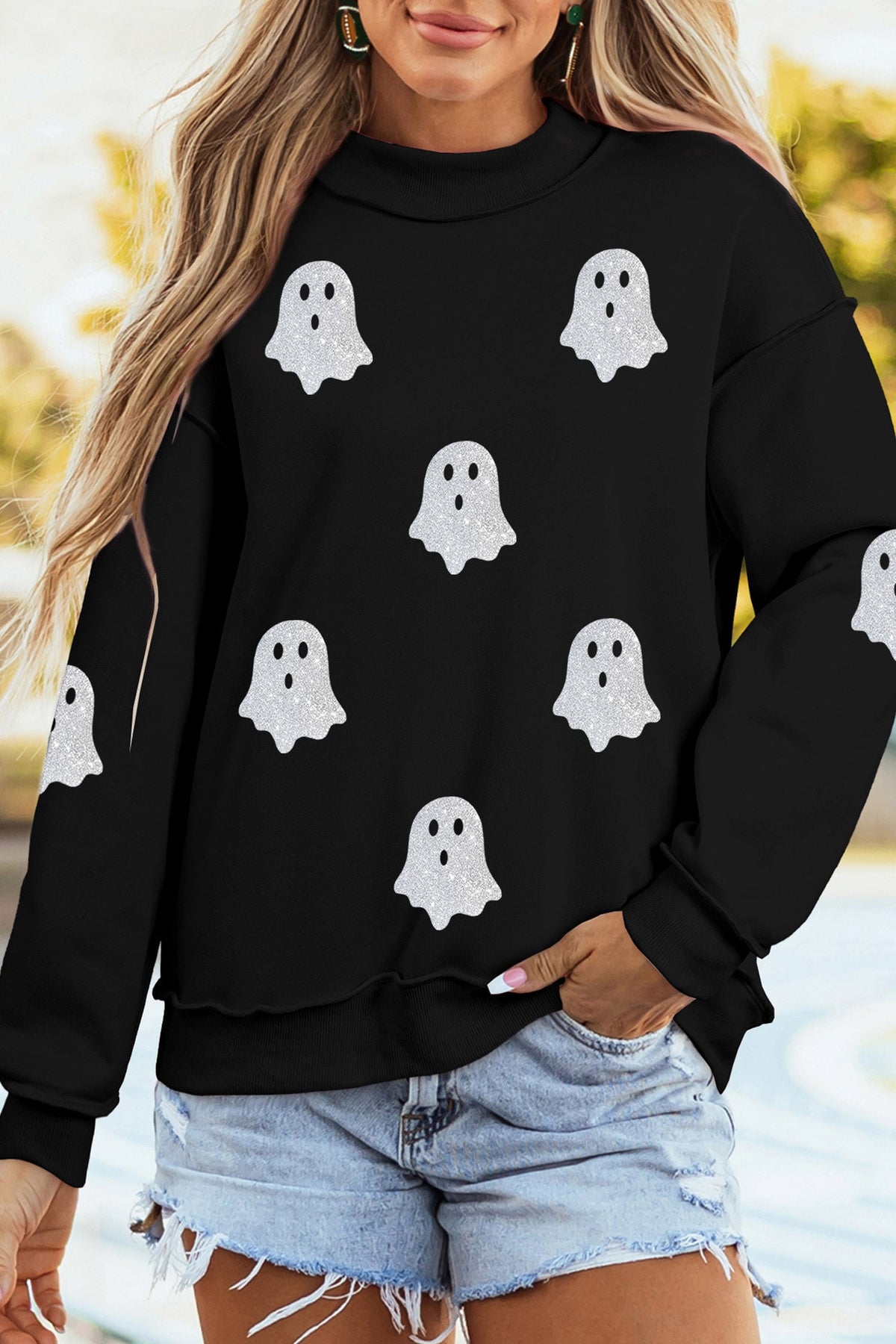 Black Ghost Print Mock Neck Tunic Pullover Sweatshirt