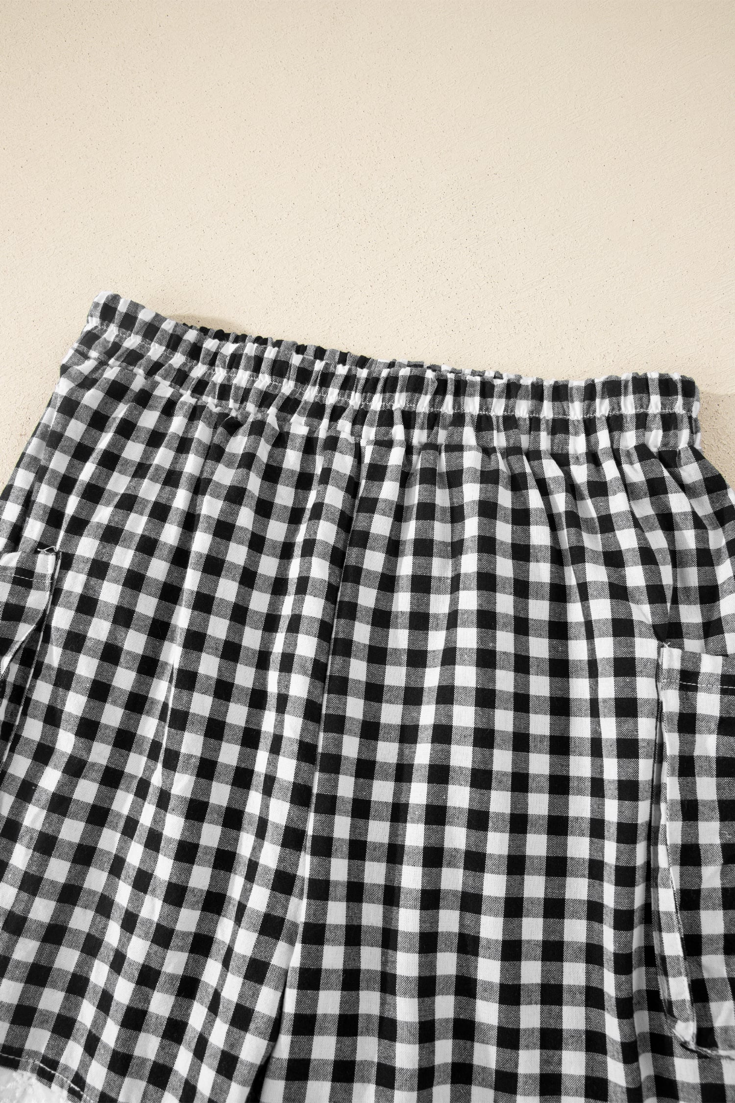Black Gingham Lace Trim Shorts with Pouch Pockets