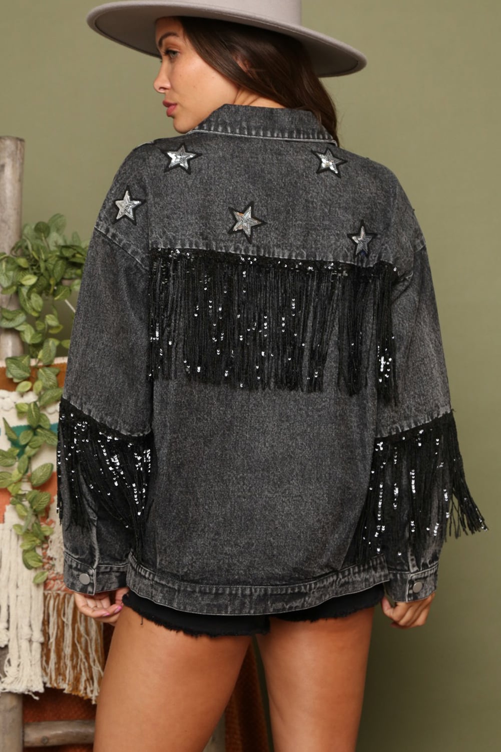 Black Glitter Star Patch Sequin Fringe Detail Button Down Denim Jacket