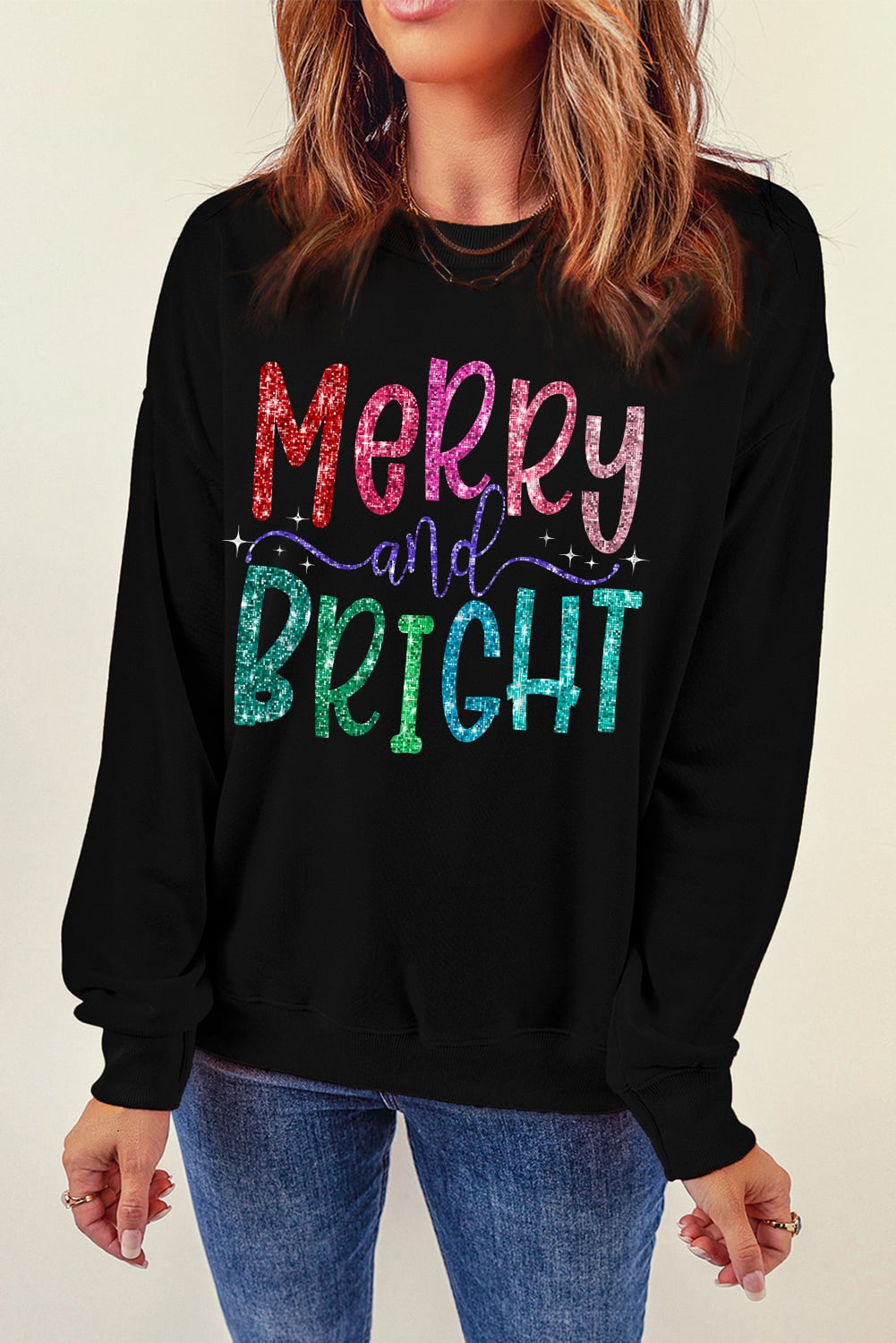 Black Merry and Bright Graphic Christmas Pullover Sweatshirt