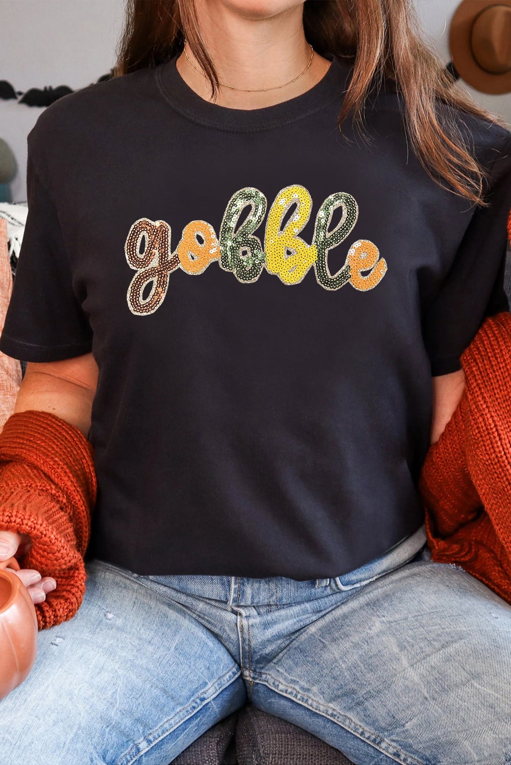 Black gobble Sequin Letter Graphic Thanksgiving T Shirt