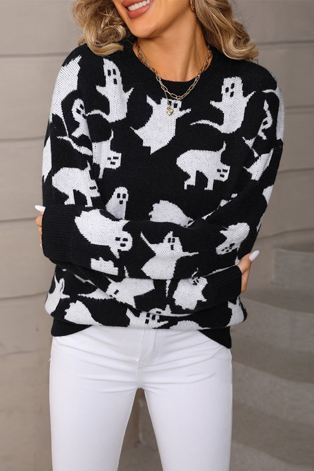 Black Halloween Ghost Allover Drop Shoulder Holiday Sweater