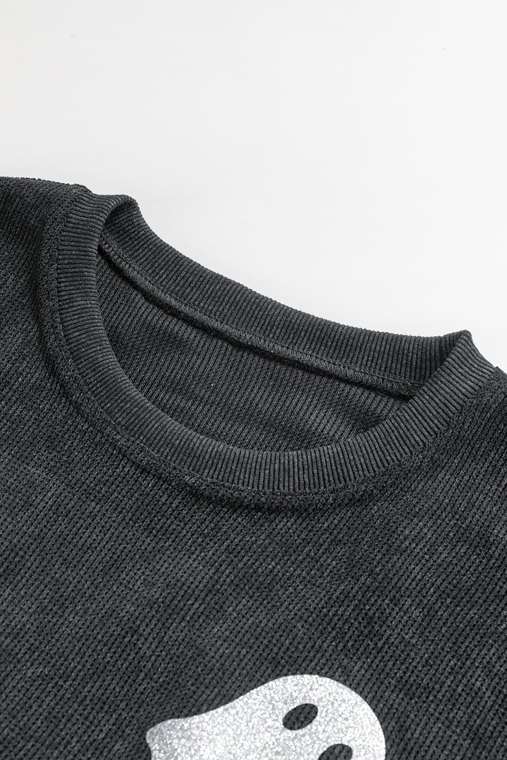 Black Halloween Ghost Corded Crew Neck Loose Sweatshirt