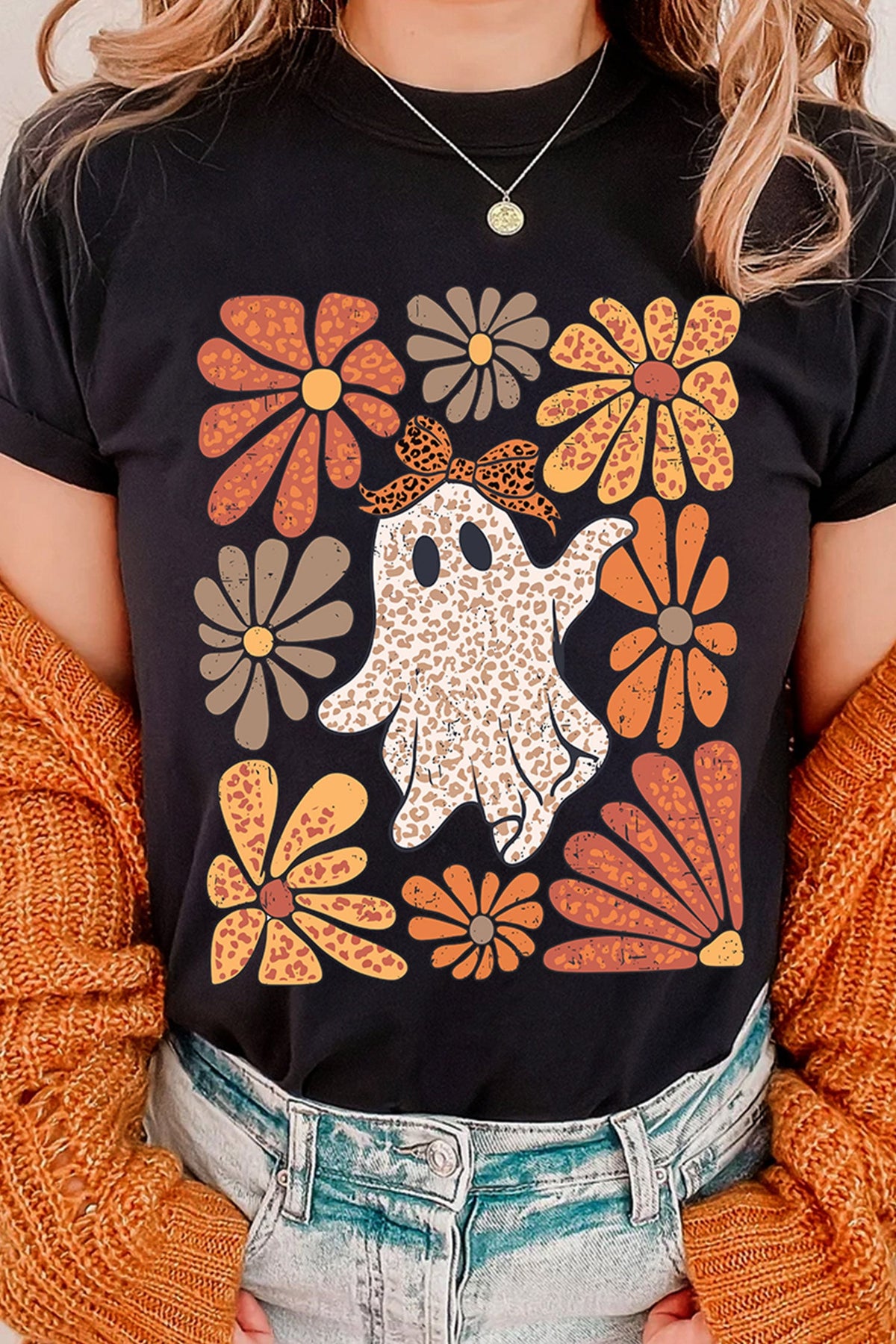 Black Halloween Leopard Floral Crewneck T-Shirts