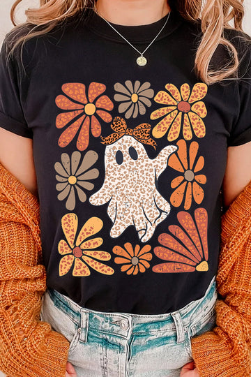 Black Halloween Leopard Floral Crewneck T-Shirts