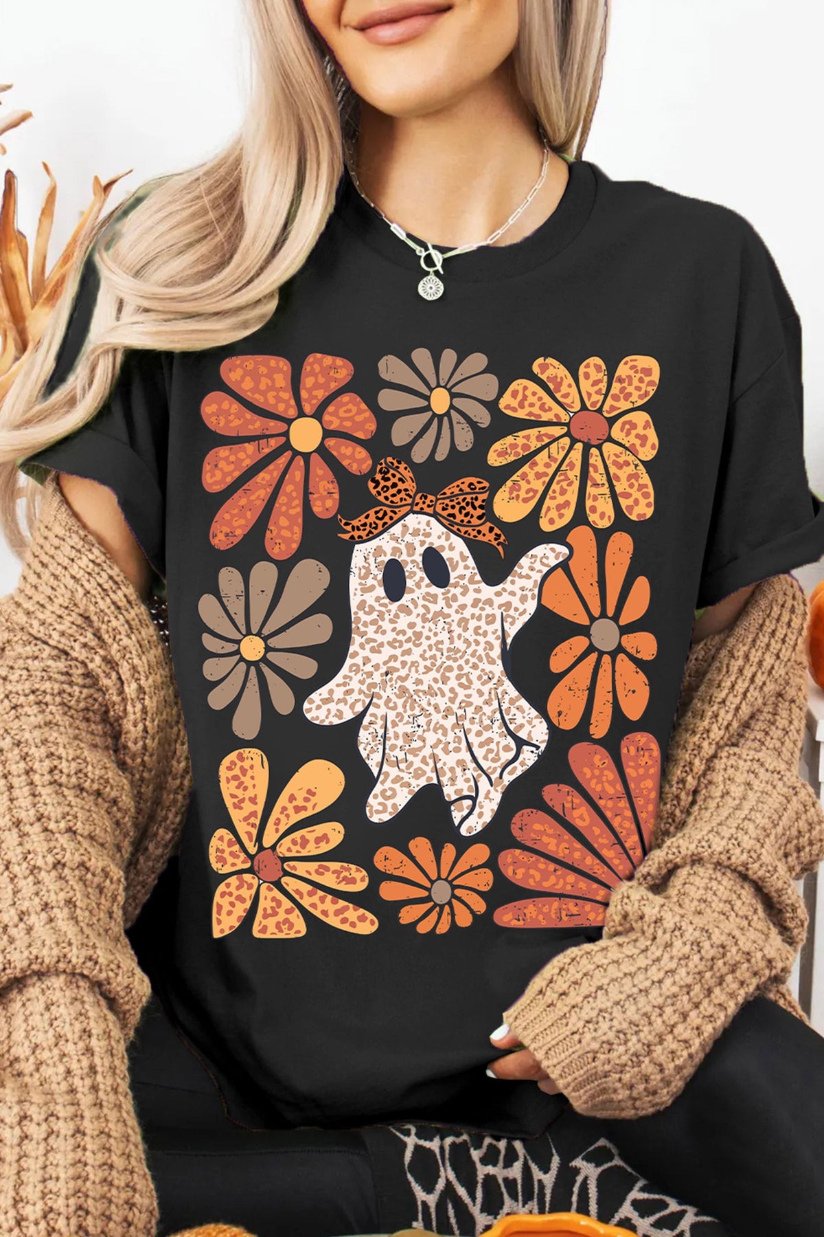 Black Halloween Leopard Floral Crewneck T-Shirts