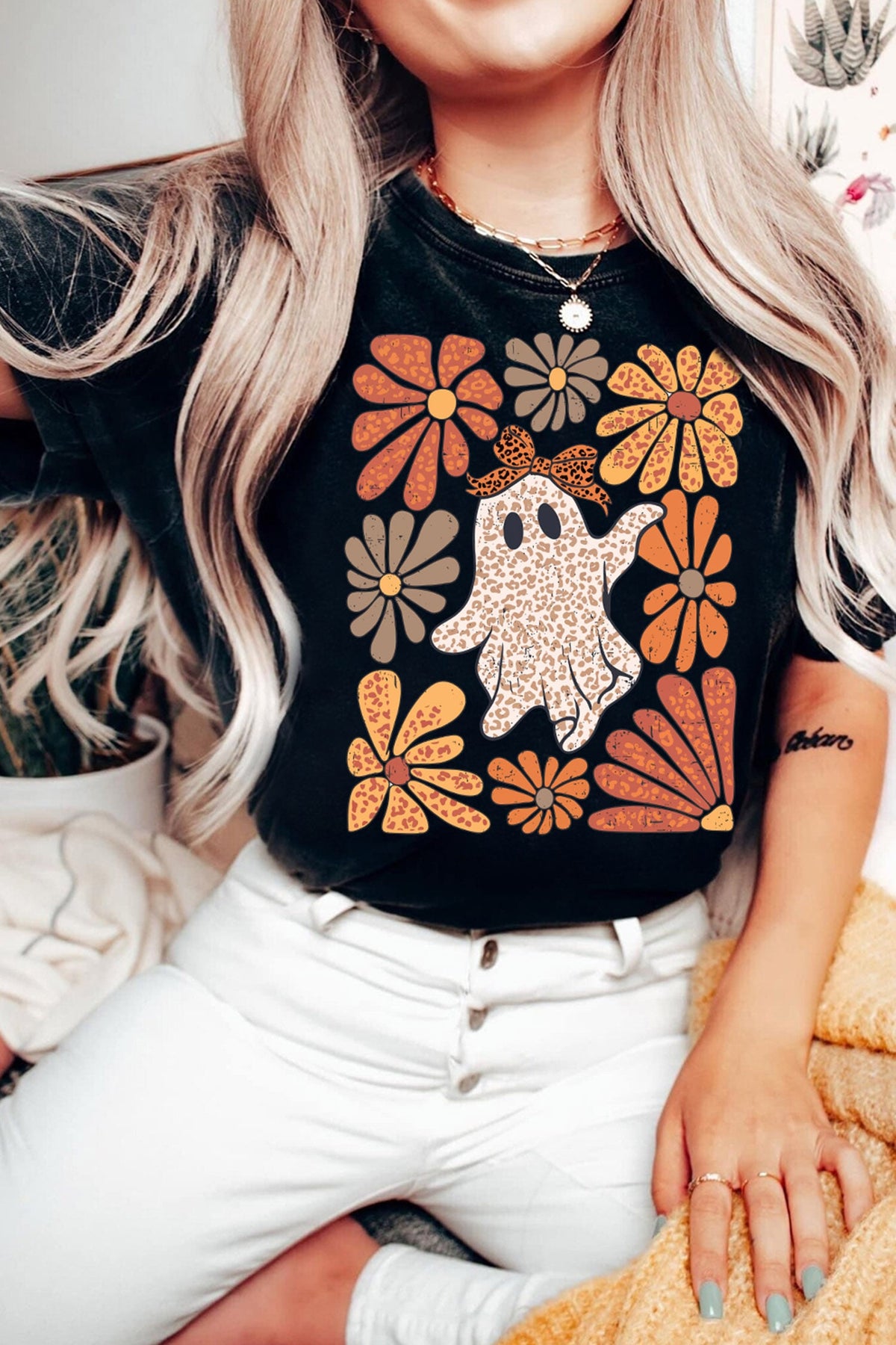 Black Halloween Leopard Floral Crewneck T-Shirts