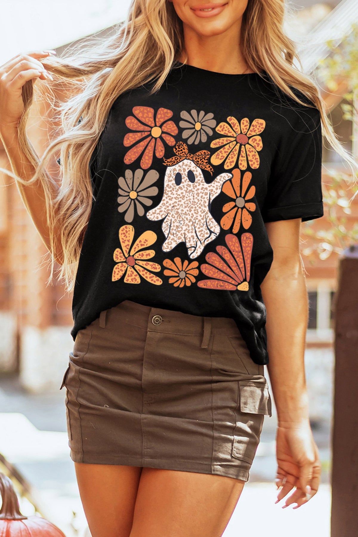 Black Halloween Leopard Floral Crewneck T-Shirts