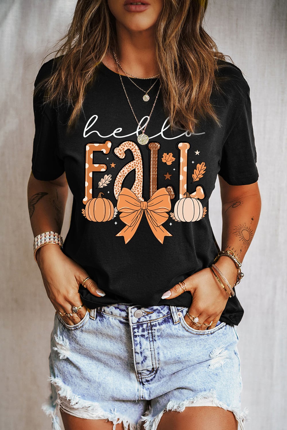 Black Hello Fall Thanksgiving Bow Pumpkin Graphic Tee