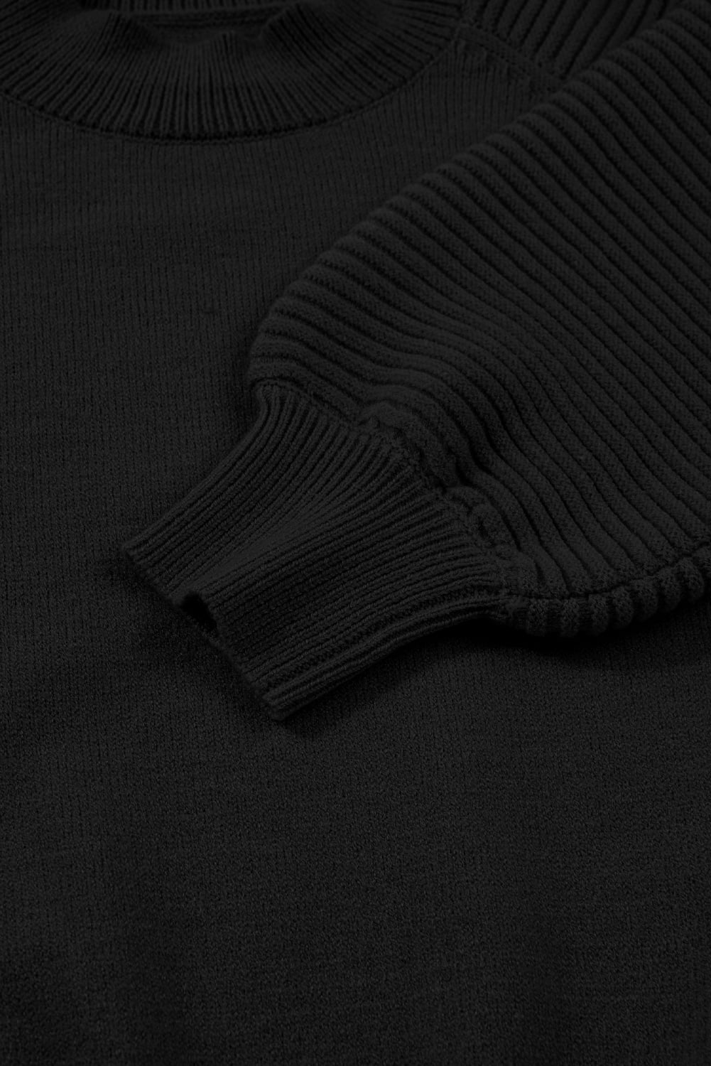 Black High Neck Puff Sleeve Sweater Pleated Mini Skirt 2pcs Knitted Outfit