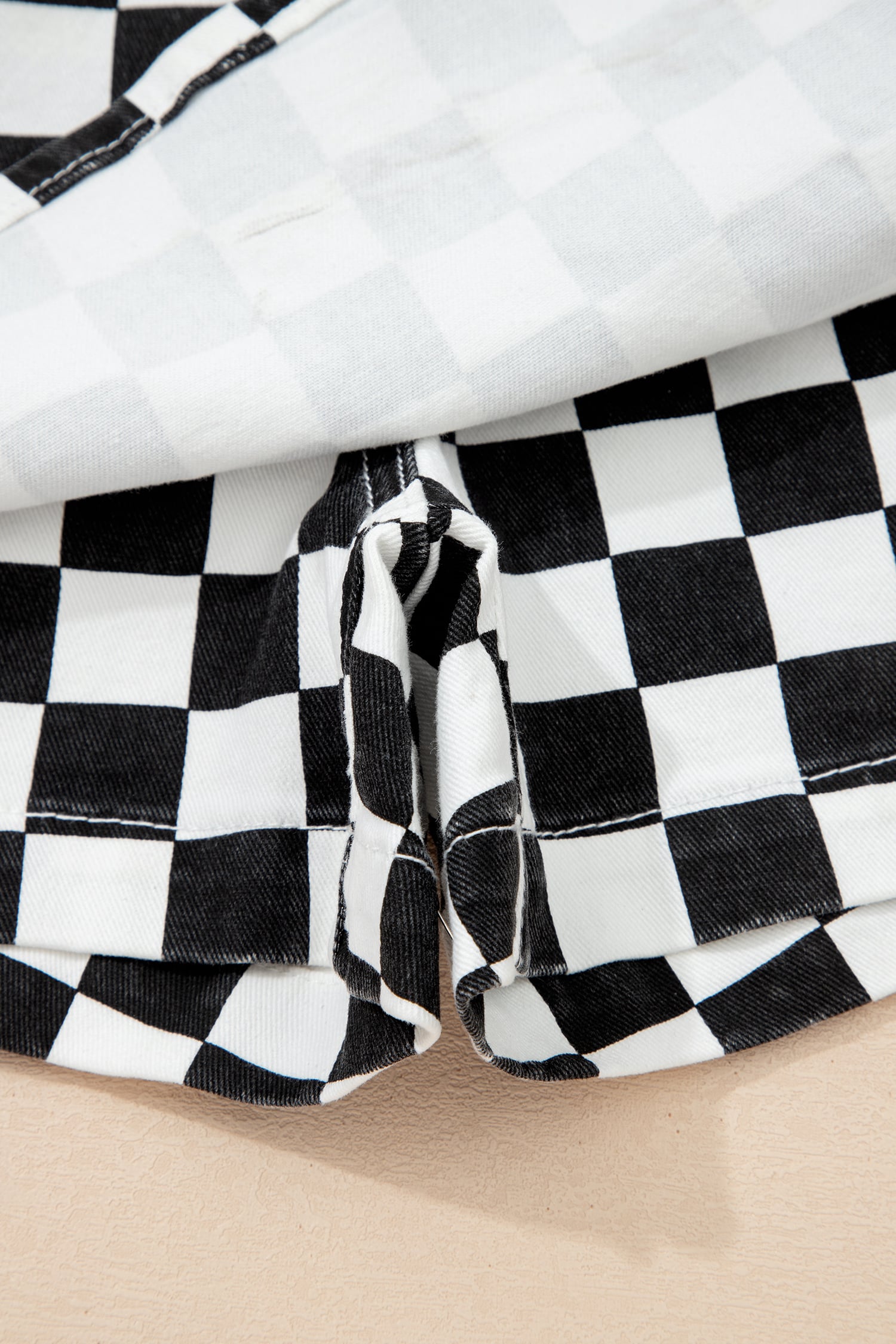 Black Checkered Print Overlap Denim Shorts