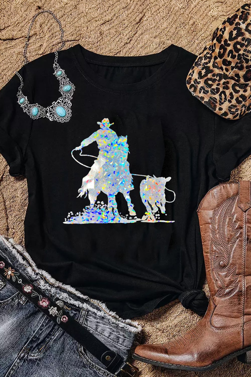 Black Laser Western Cowboy Graphic Crewneck Tee