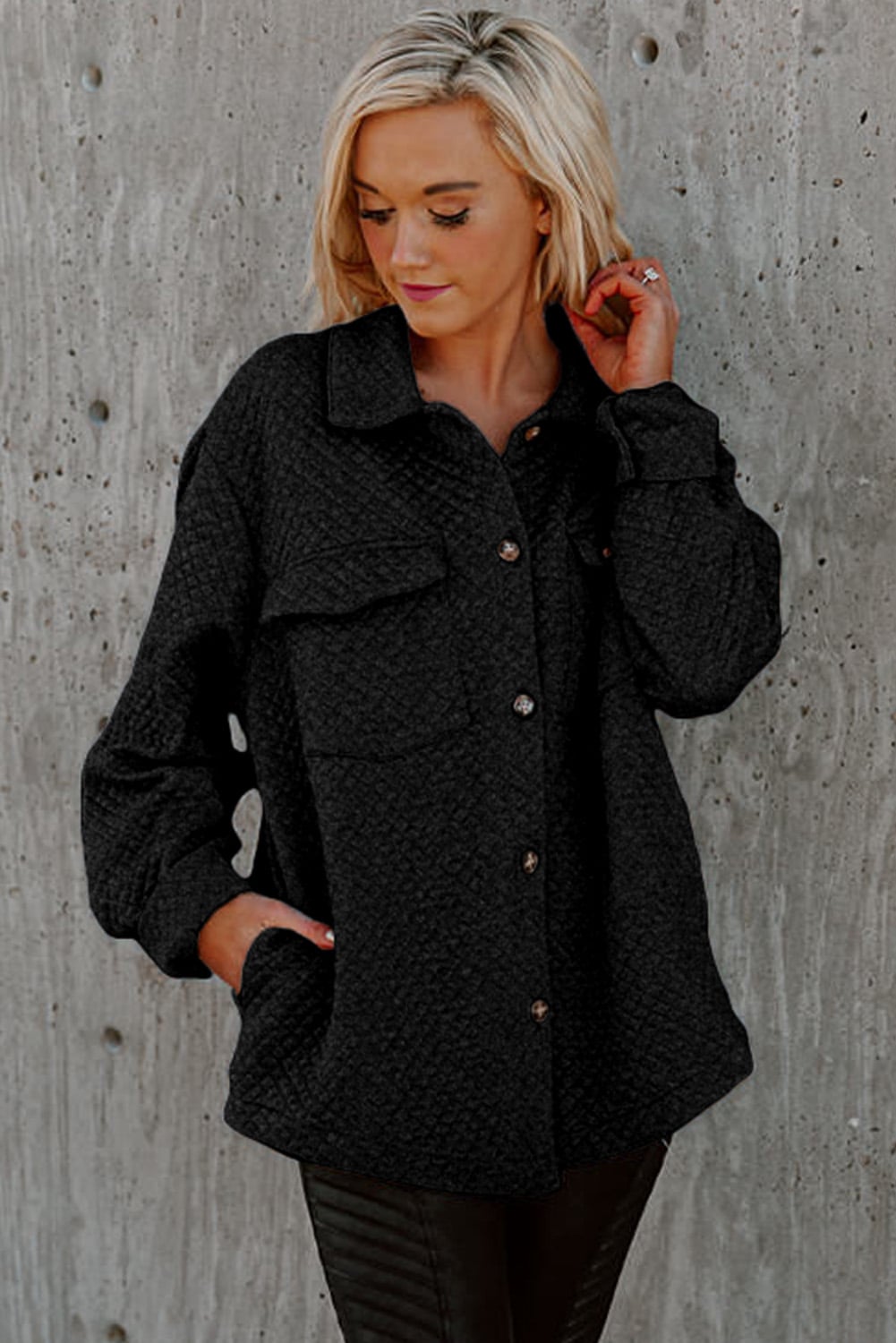 Black Retro Quilted Flap Pocket Button Shacket