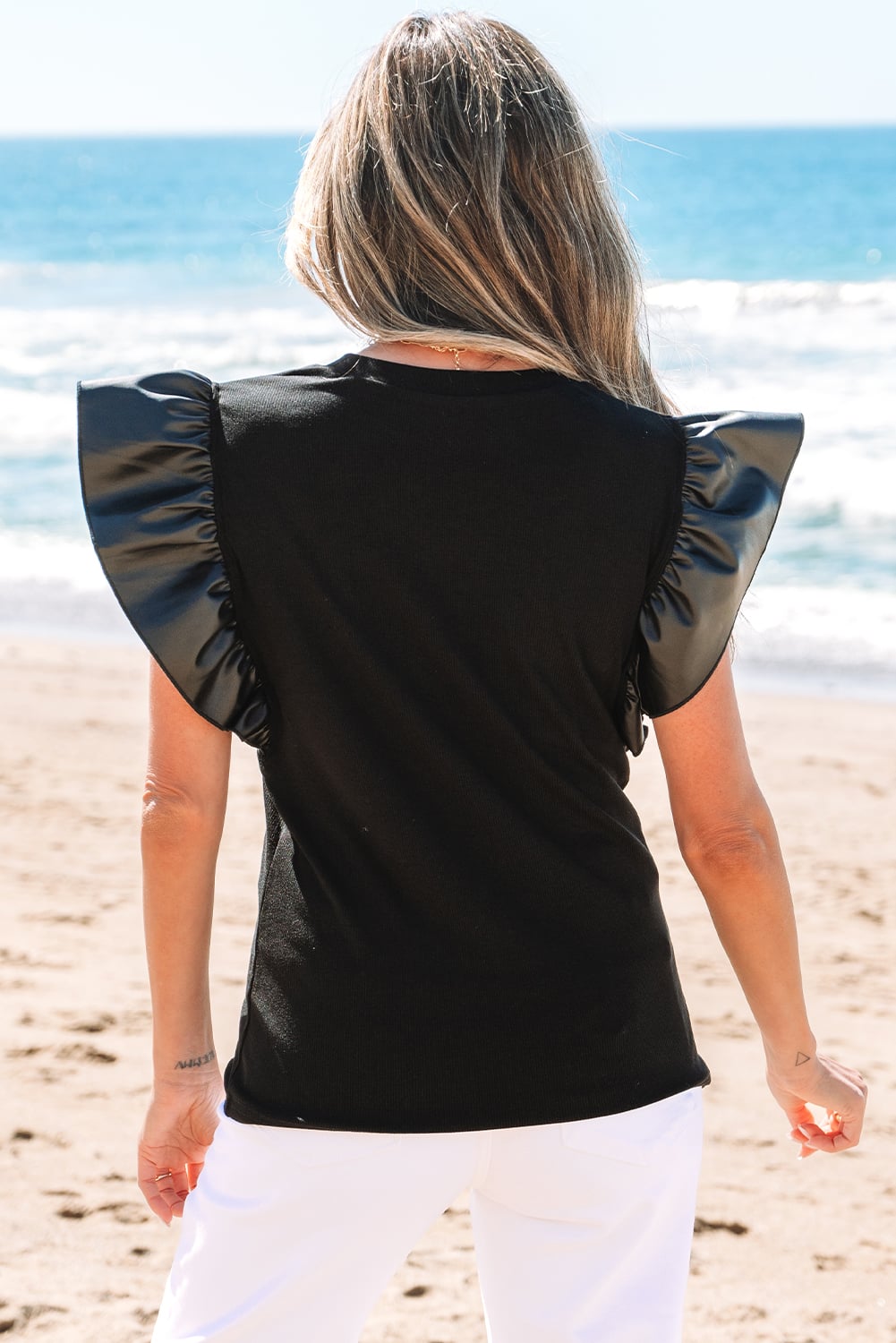Black Leather Ruffle Sleeve Patchwork Round Neck Blouse