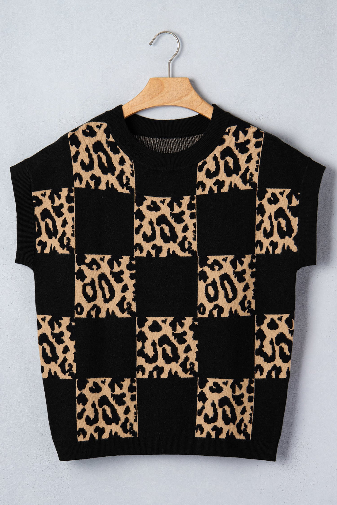 Black Leopard Checkerboard Short Sleeve Knit Sweater