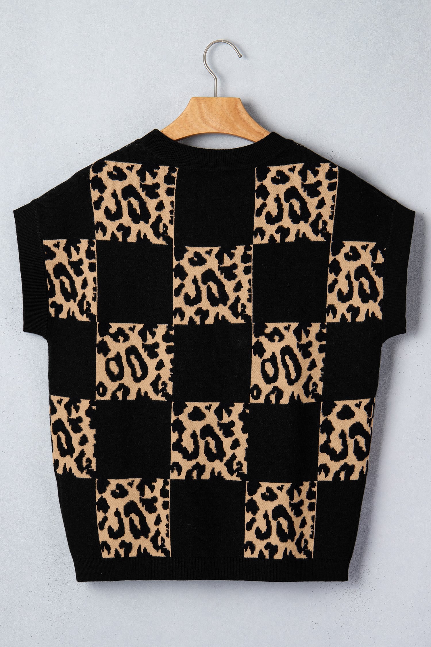 Black Leopard Checkerboard Short Sleeve Knit Sweater