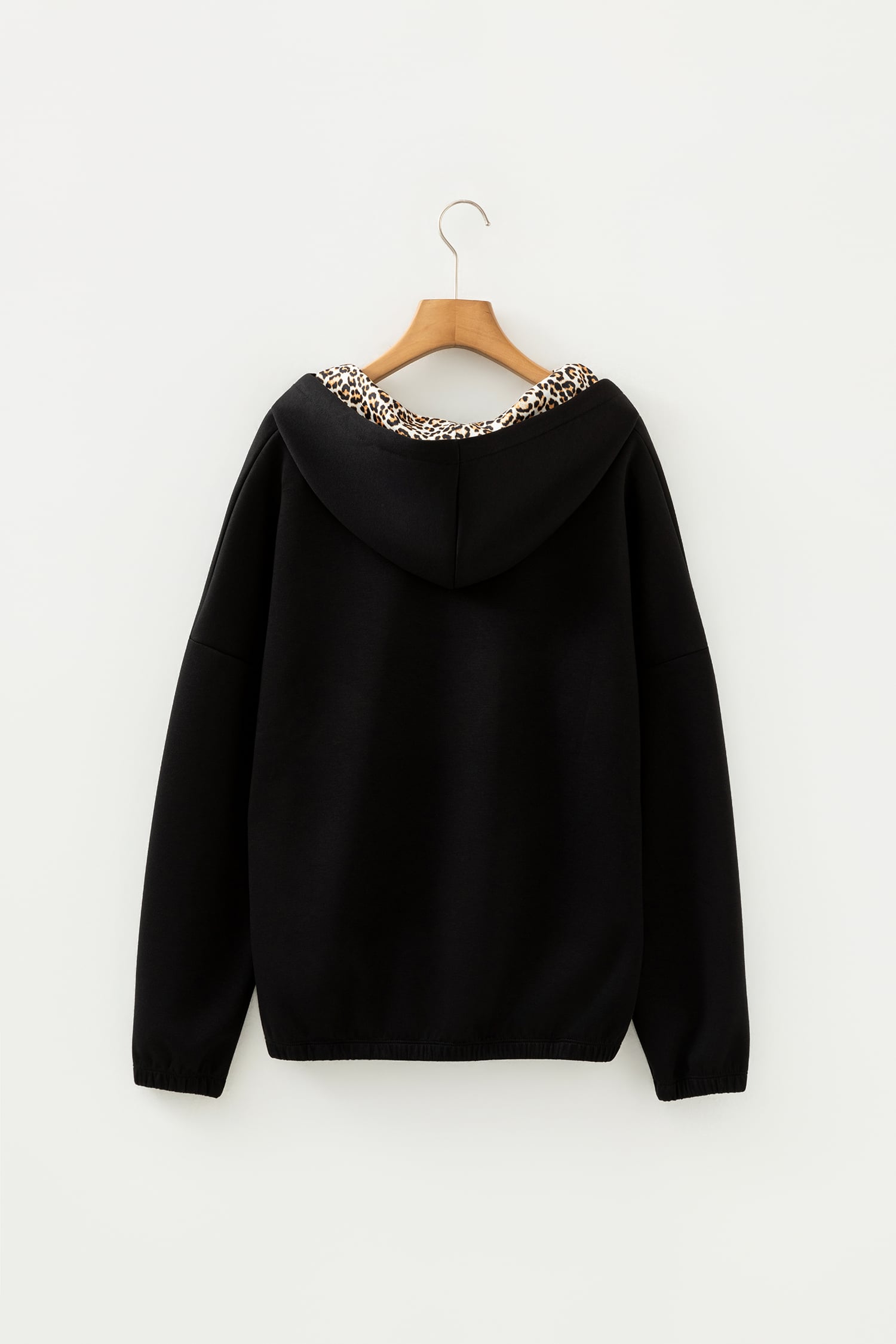 Black Leopard Contrast Drawstring Hood Drop Shoulder Loose Top