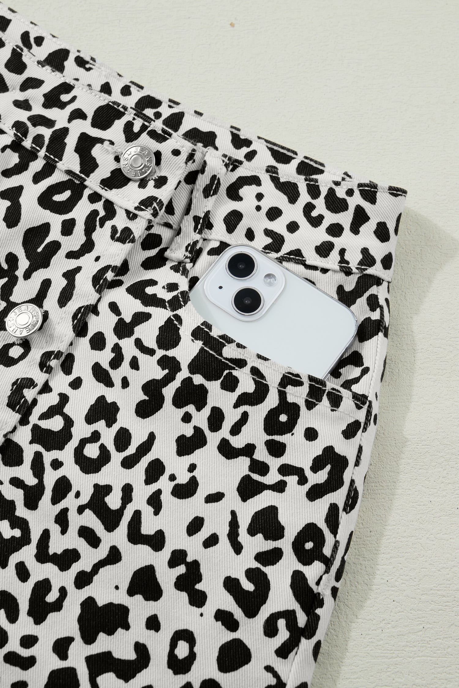 Black Leopard Print Button Overlap Denim Shorts