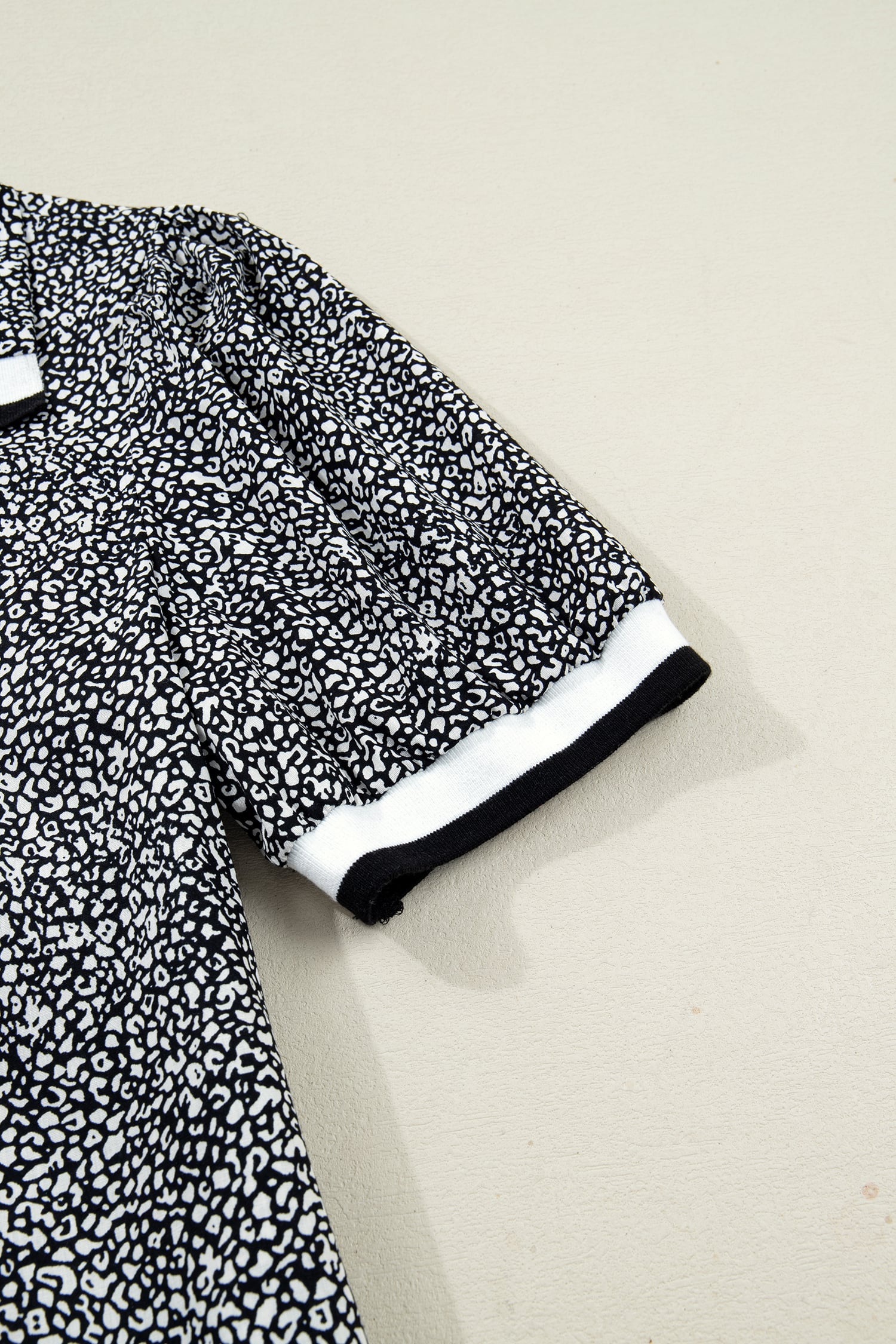 Black Leopard Print Contrast Striped Trim Polo Collar Short Sleeve Dress with Pockets