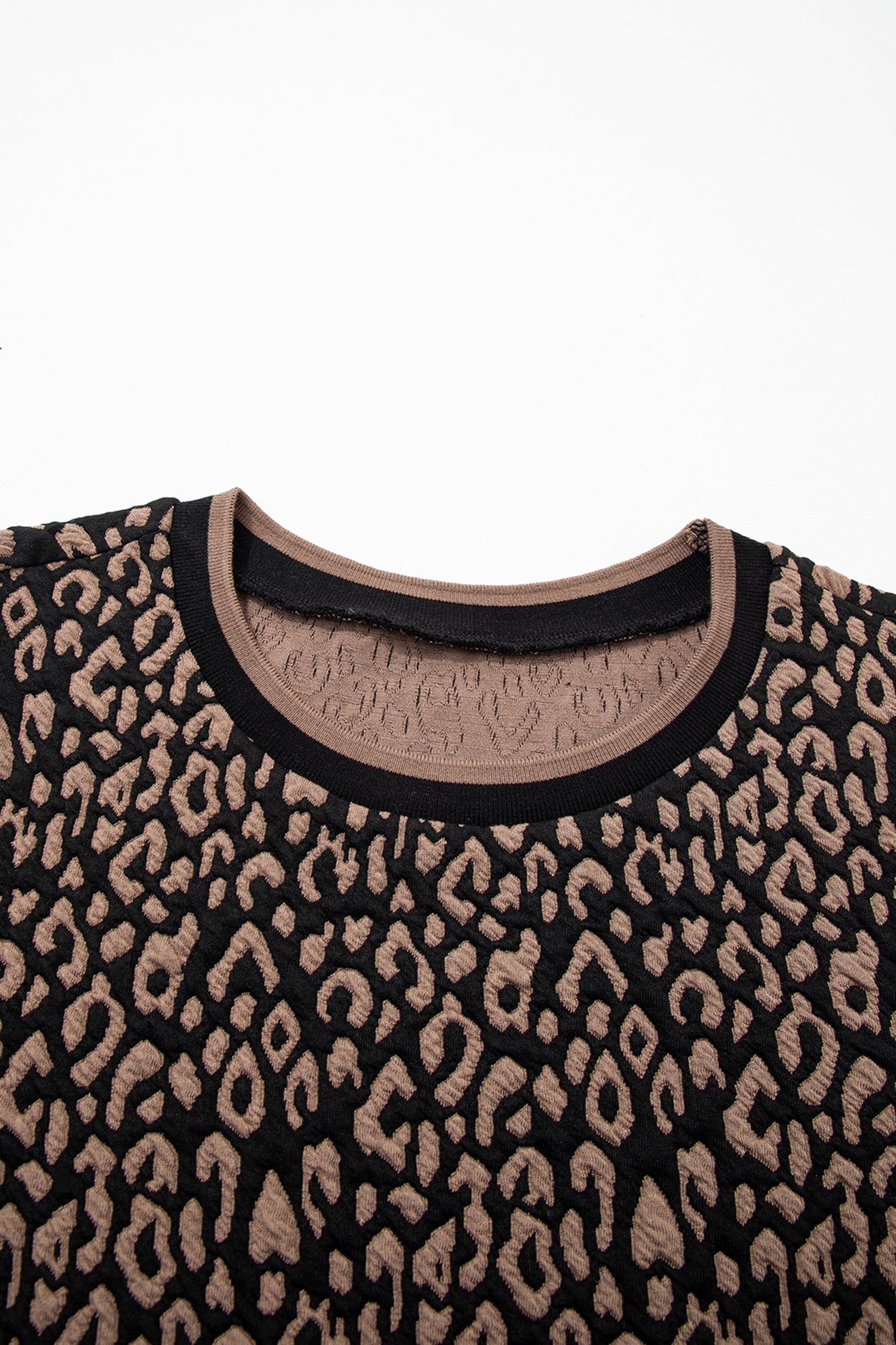 Black Leopard Print Puffy Bracelet Sleeve Contrast Trim Round Neck Top